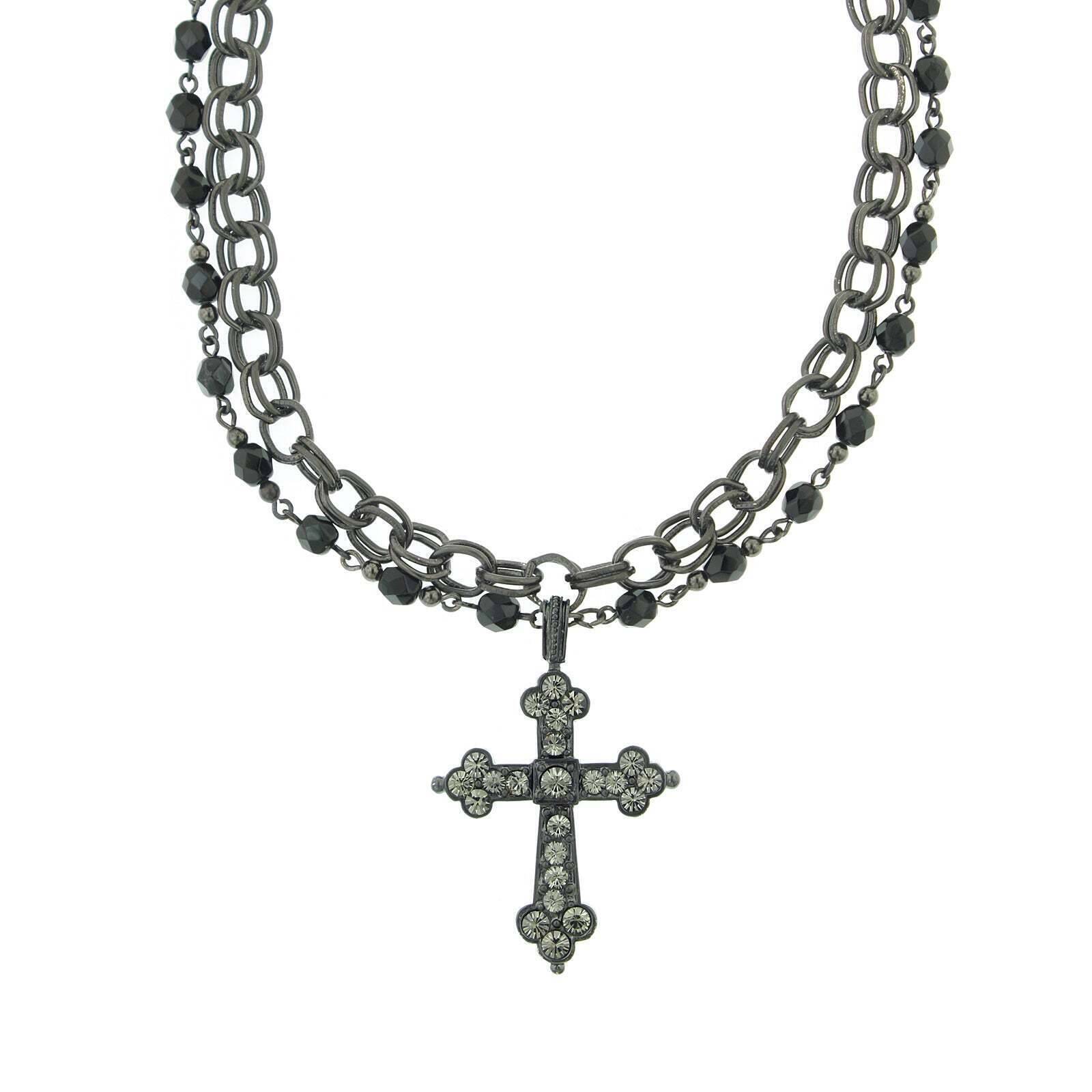 1928 Jet Black Diamond Crystal Cross Pendant Necklace for Women - 16