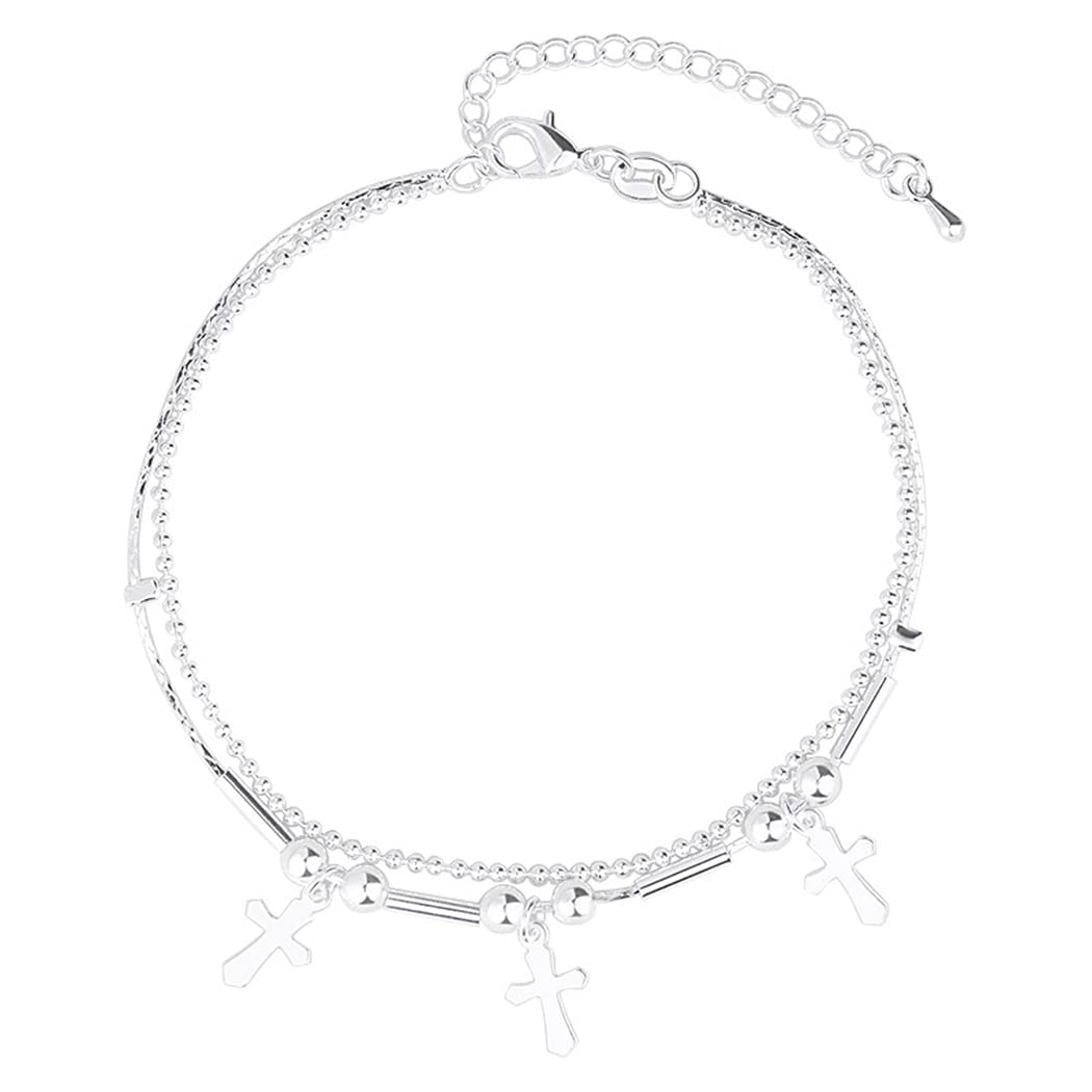 Chereda 925 Sterling Silver Geometric Cross Bead Double Layer Anklet for Women - Elegant Foot Jewelry for Beach, Party, Birthday Gifts & Everyday Wear