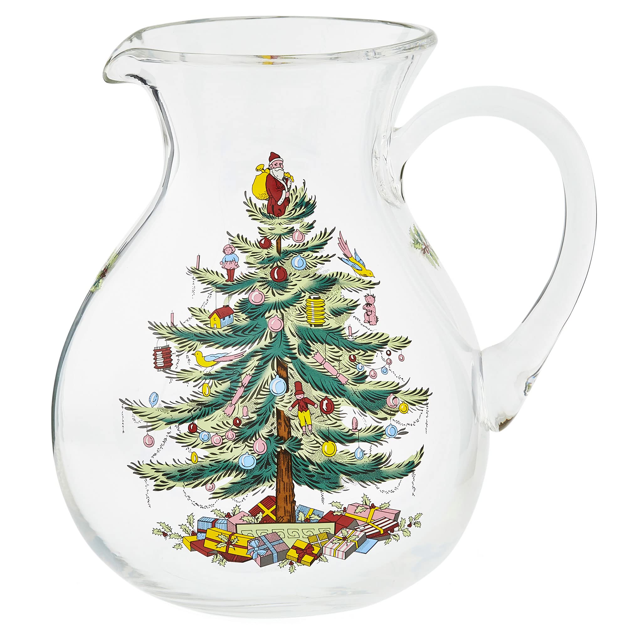 Spode Christmas Tree Glass Pitcher - 96 Oz Large Crystal-Clear Holiday Serving Pitcher with Handle for Cocktails, Water, Juice & Lemonade - Perfect for Holiday Parties, Family Gatherings & Festive Decor