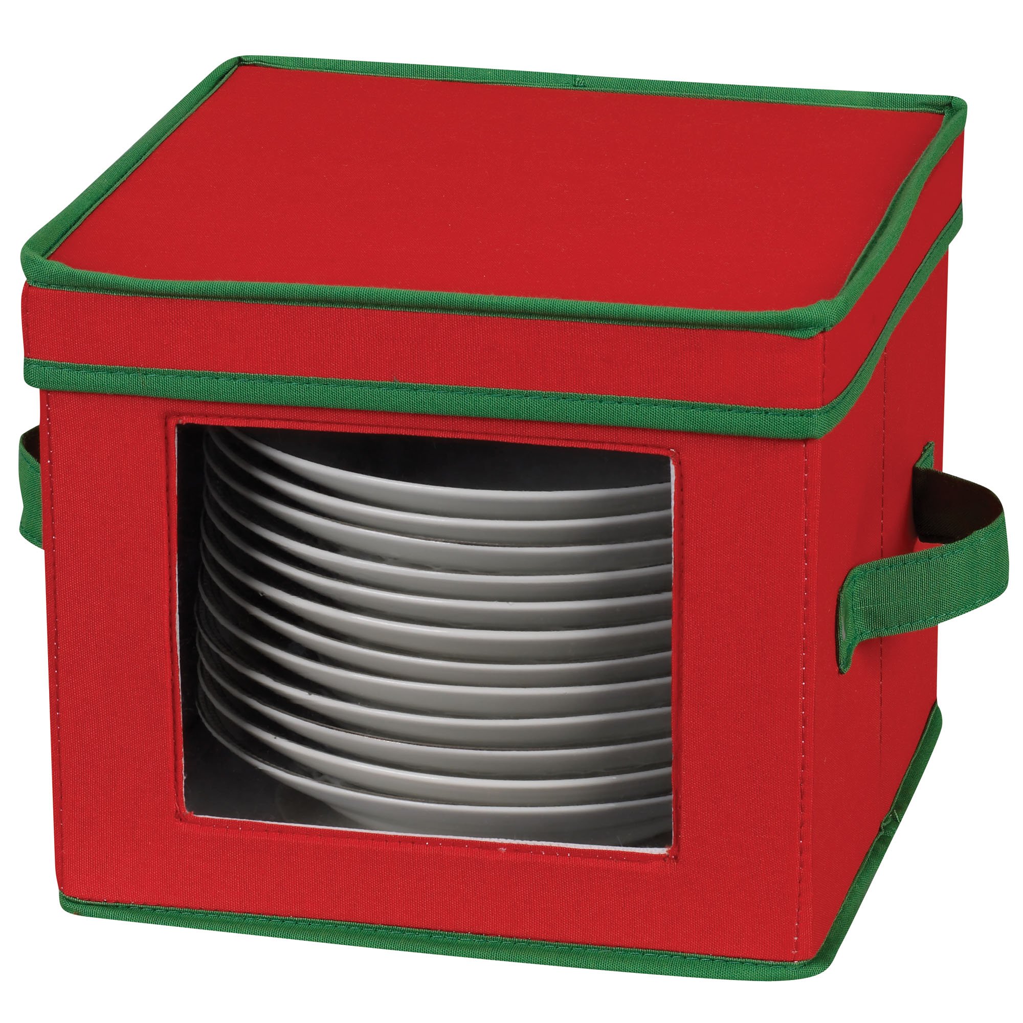 Holiday China Dinnerware Storage for Salad Plates & Bowls - Red Canvas with Green Trim | Removable Lid | Perfect for Christmas, Thanksgiving & Party Tableware Organization