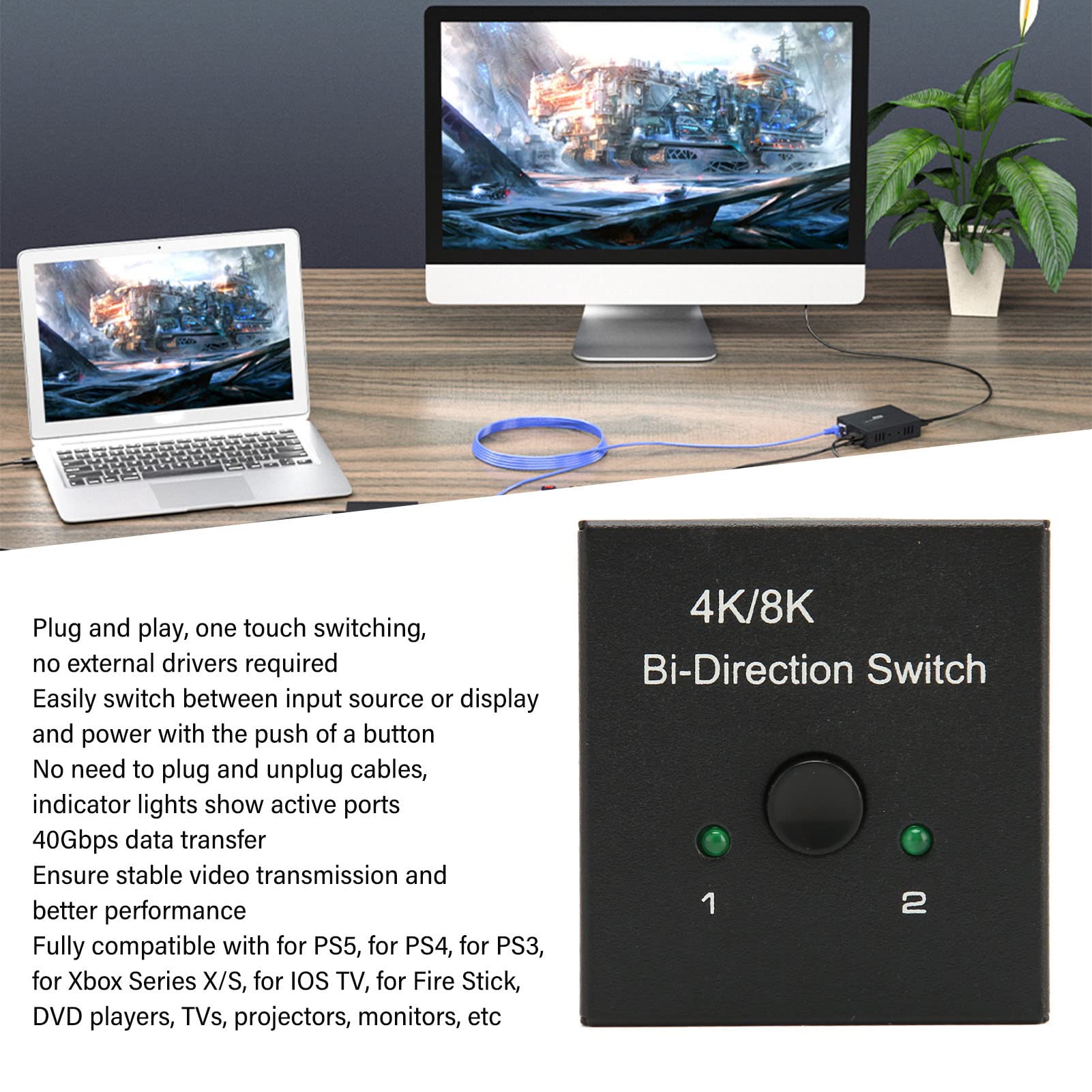Annadue 8K 60Hz 4K 120Hz 40Gbps HDMI 2.1 Bi-Directional Switch - 1 in 2 Out / 2 in 1 Out Splitter for PS4, PS5, Xbox Series X, Nintendo Switch - Perfect for Home Theater & Gaming Setup