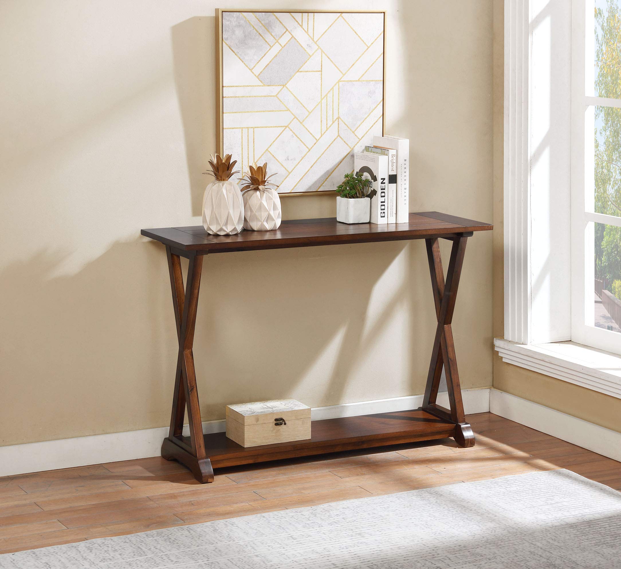 X-Farmhouse Console Table with Storage Shelf - Rustic Entryway Table, Coffee Table & Hallway Organizer for Home Decor & Living Room Storage