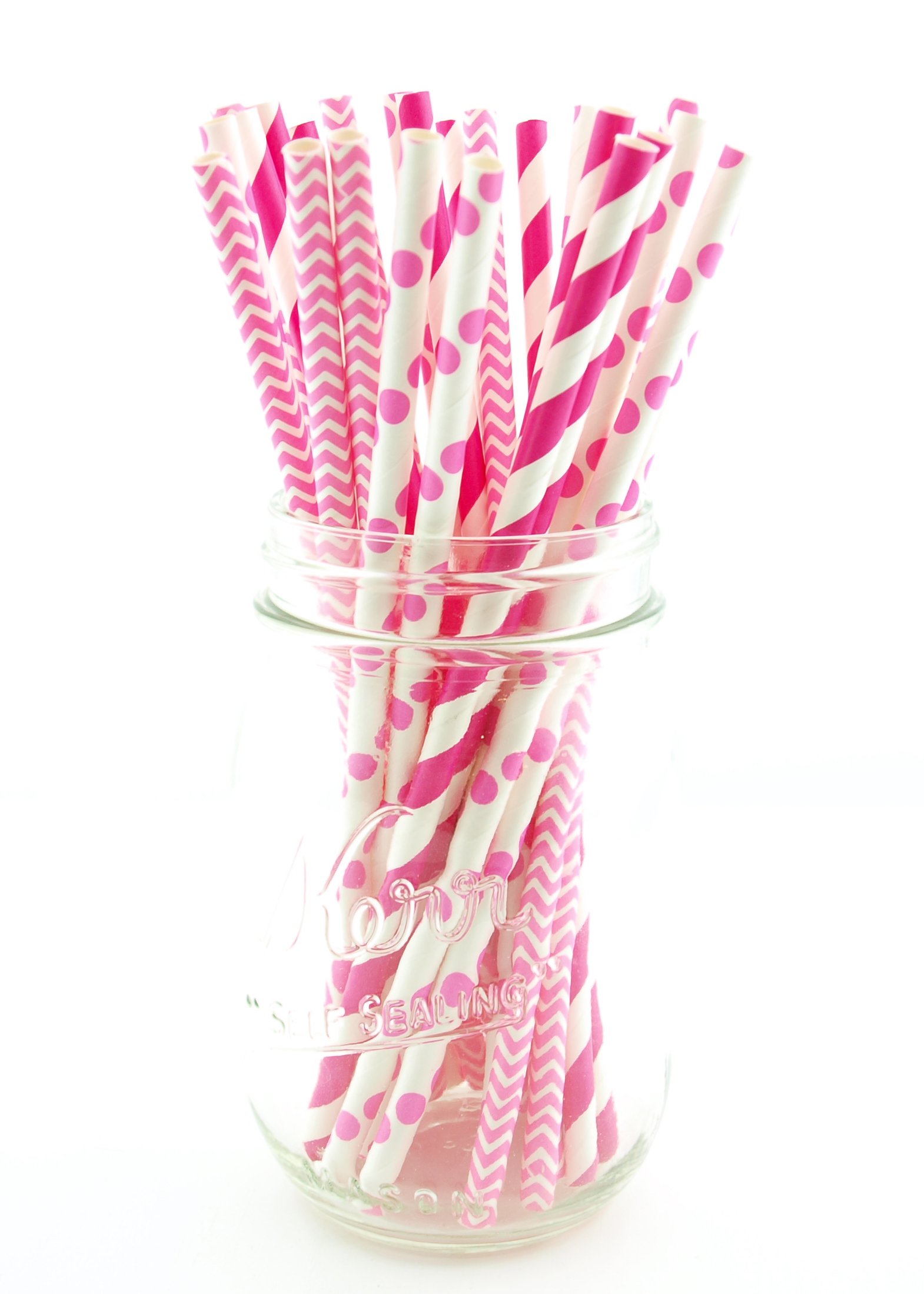 Hot Pink Paper Drinking Straws 75 Pack - Eco-Friendly Biodegradable Striped, Polka Dot & Zig Zag Wedding, Birthday Party, Baby Shower Decoration Supplies for Cocktails, Smoothies, Milkshakes and Beverages