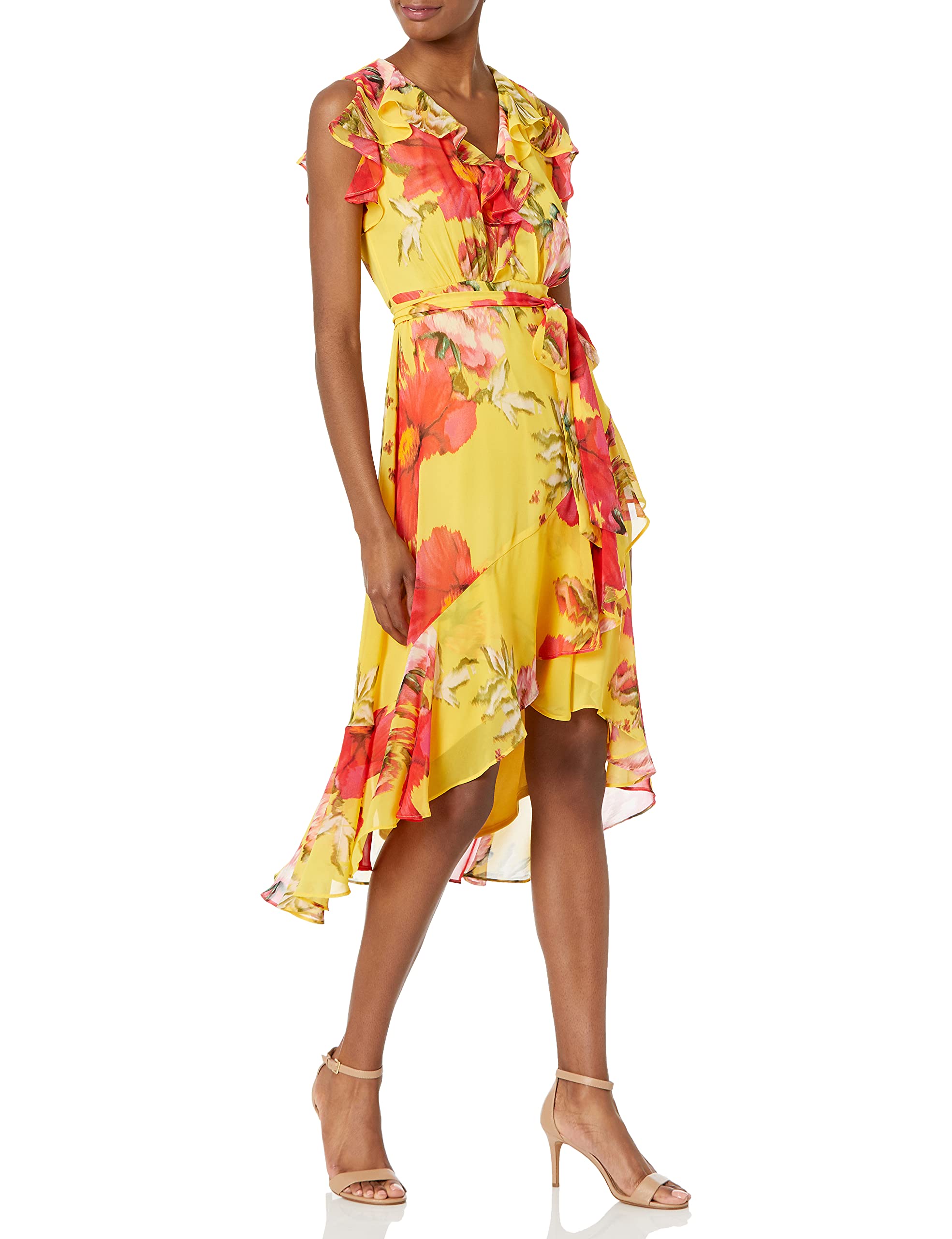Taylor Women's Floral Print Chiffon Dress with Flutter Sleeves, V-Neck, High-Low Ruffle Skirt, Buttons & Waist Tie - Perfect for Summer Parties, Weddings & Date Nights
