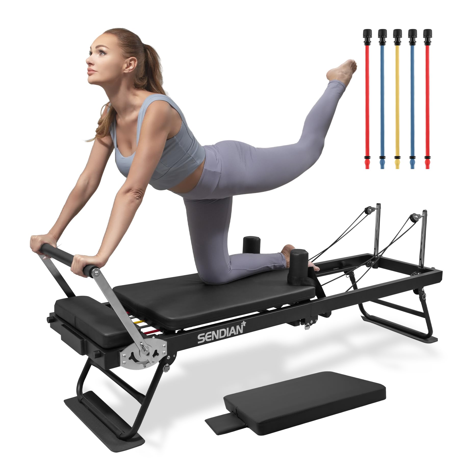 Foldable Pilates Reformer Machine for Home & Gym - Portable Pilates Equipment with Jump Board & 5 Color Resistance Cords | Perfect for Home Workouts, Studio Training & Full-Body Pilates Exercises