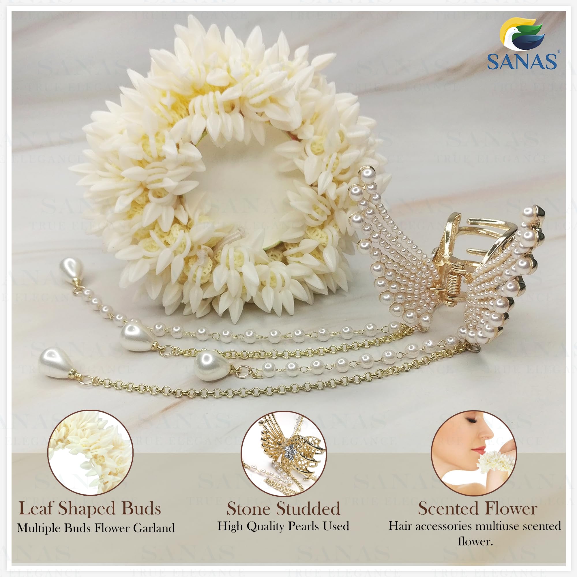 Artificial Mogra Gajra Scrunchie & Pearl Butterfly Hair Clip Set - Traditional Floral Hair Accessories with Gold Accents for Women - Perfect for Weddings, Festivals & Special Occasions (White) - Boho Bridal Hair Jewelry & Indian Cultural Events
