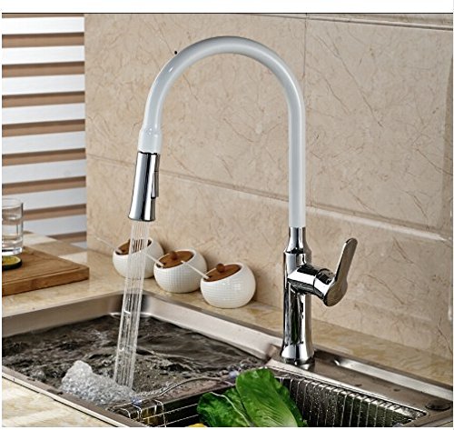 Modern Chrome & Brass Pull Down Kitchen Sink Faucet - Deck Mounted Spring Sprayer Mixer Tap for Farmhouse & Contemporary Kitchens | Perfect for Washing Dishes, Filling Pots & Cleaning Produce