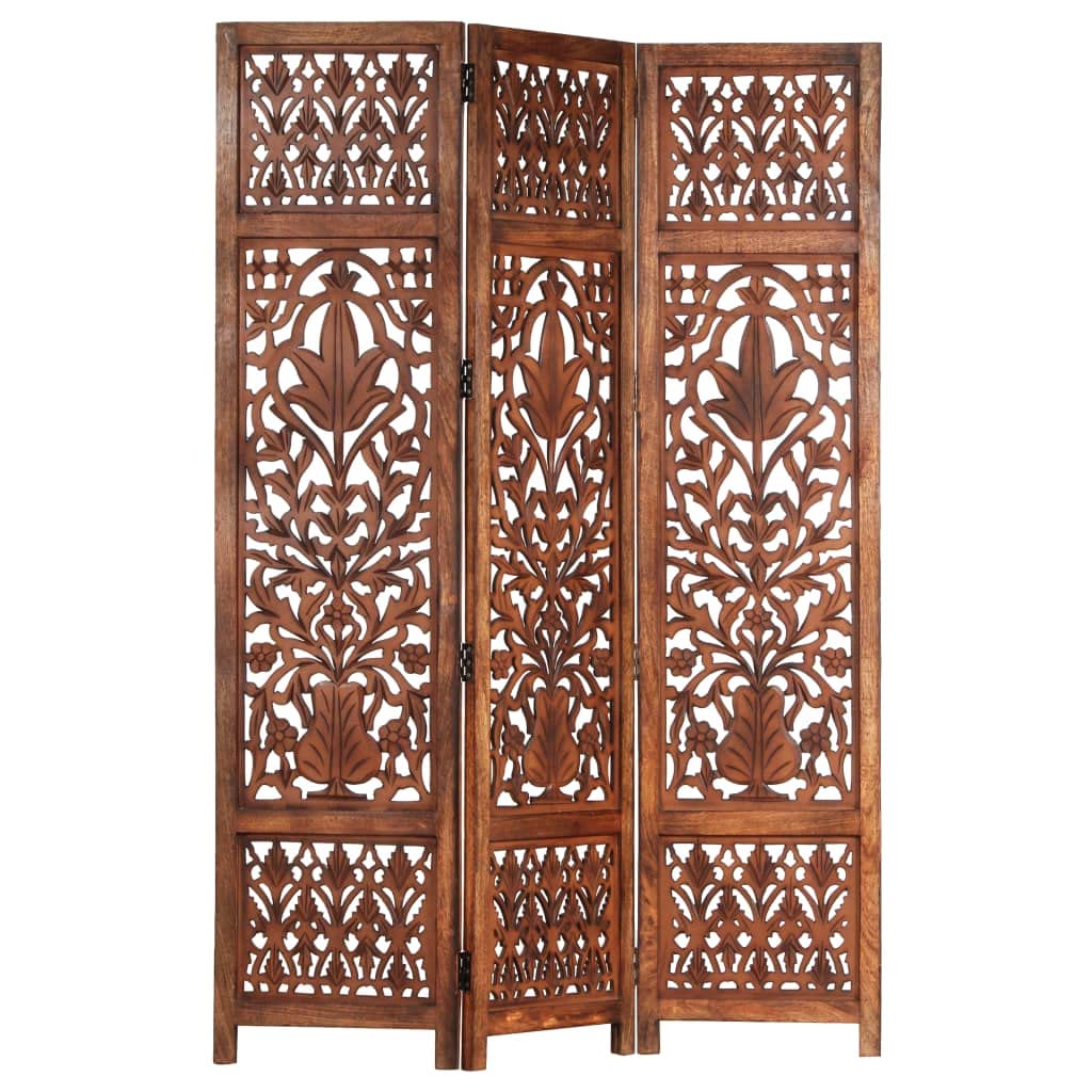Hand Carved Wood Room Divider - 3 Panel Folding Privacy Screen | Portable Partition Screen with Hinges | Brown Wooden Room Separator for Home Office, Bedroom, and Studio Spaces