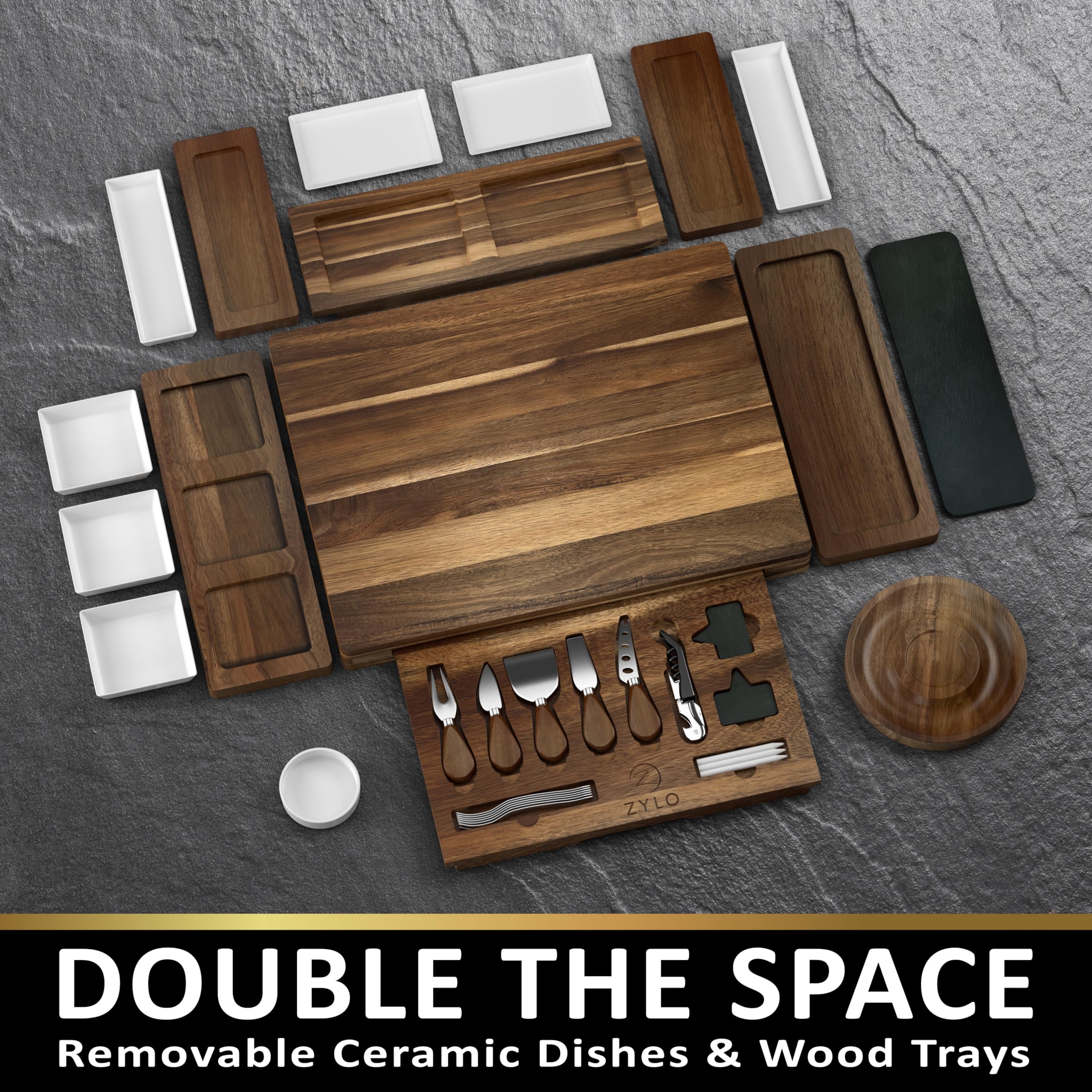ZYLO Charcuterie Boards Gift Set - Large Acacia Wood Cheese Board & Slate Cutting Board with Ceramic Dishes & Knife Set - Removable Magnetic Serving Trays for Entertaining, Dinner Parties & Holiday Gifts