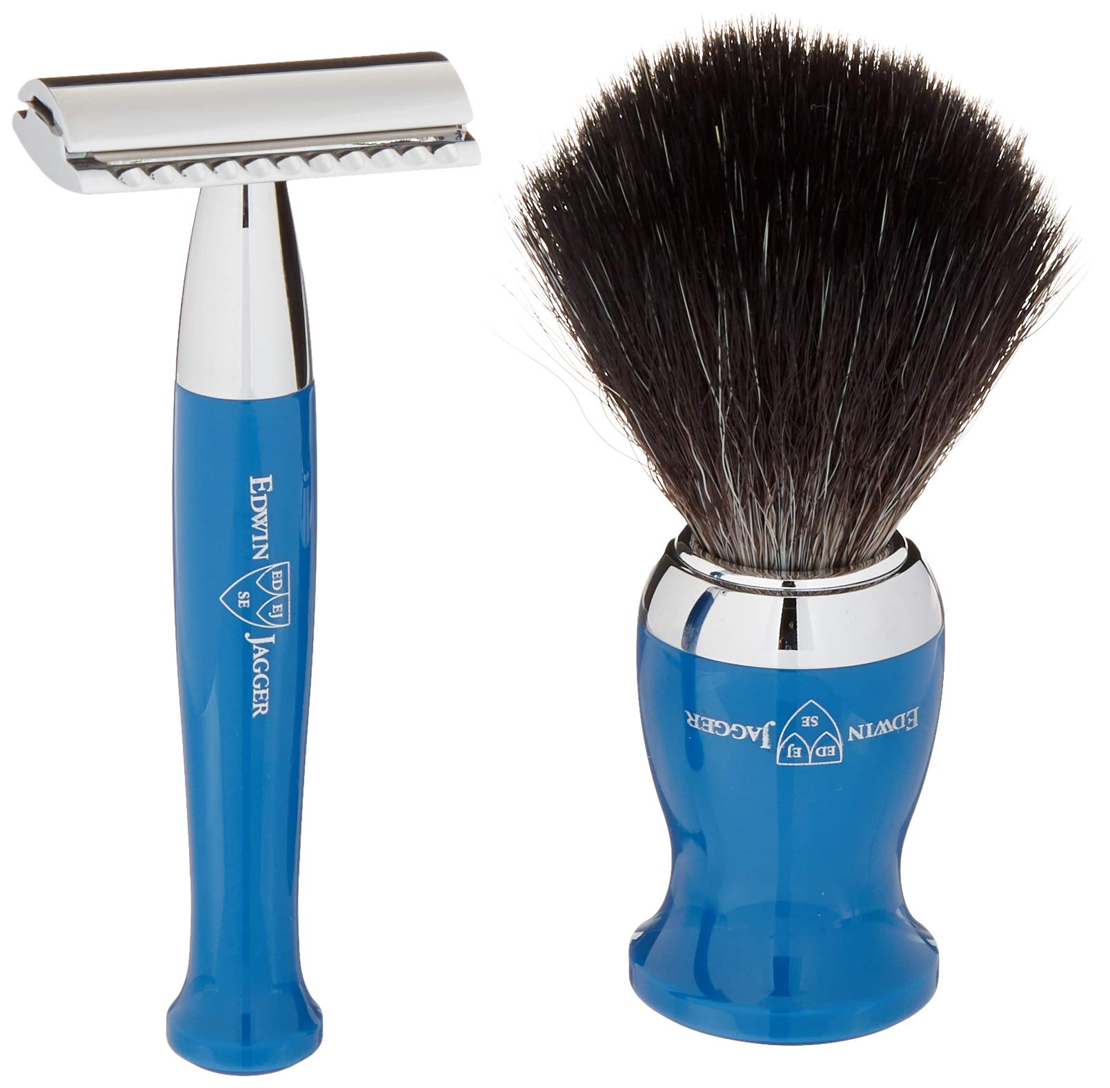 Premium 3-Piece Double Edge Safety Razor Set with Shaving Brush & Stand - Chrome Plated Blue for Men's Wet Shaving - Perfect for Home Grooming & Travel Essentials