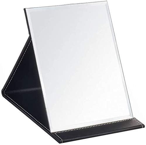 Joly Desk Mirror - Adjustable Pu Leather Folding Makeup Mirror for Office, Travel & Home Use | Portable Desktop Vanity Mirror with Stand (Large, Black Leather) - Perfect for Makeup, Skincare & Personal Grooming