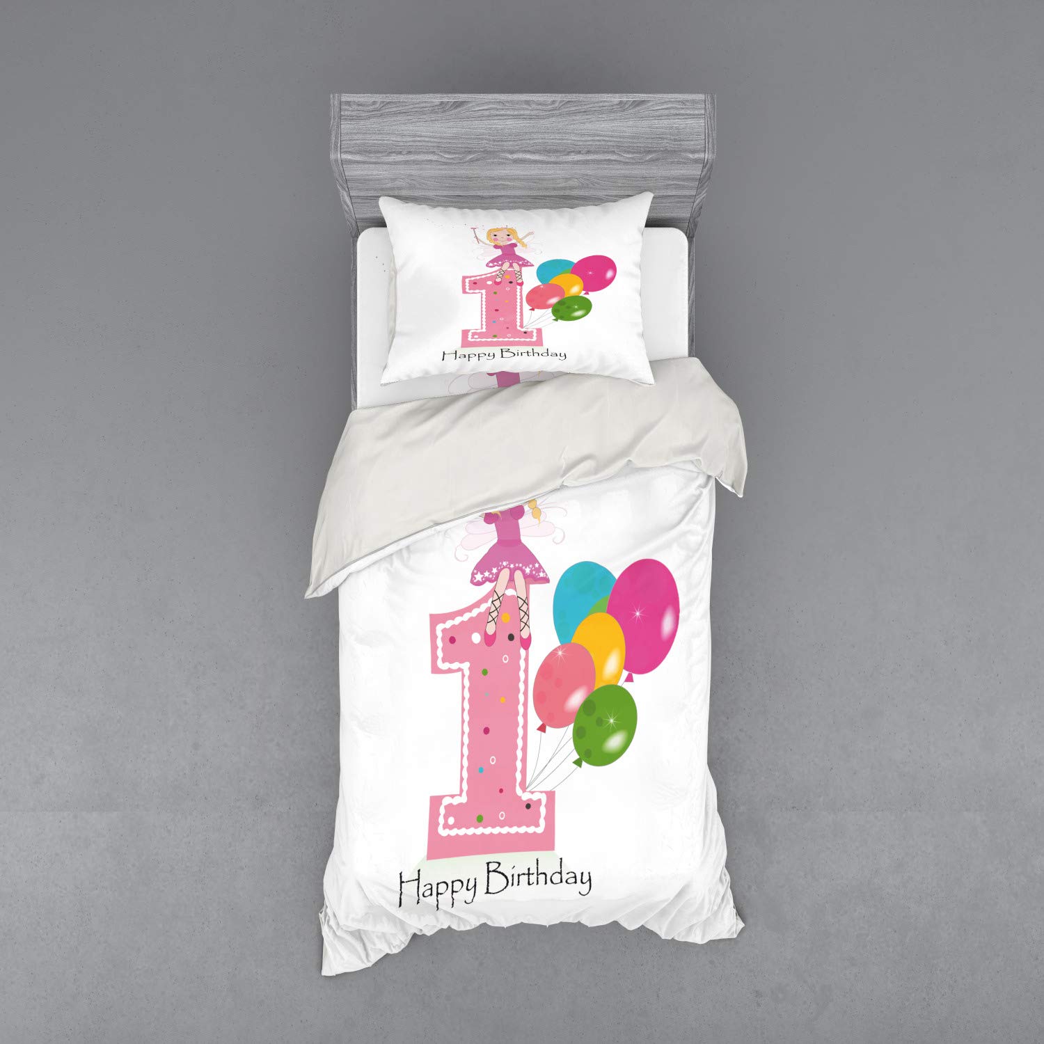 Ambesonne 1st Birthday Duvet Cover Set - Cartoon Party Theme with Pink Wand & Balloons, 3-Piece Twin Size Bedding Set (Duvet Cover + Sham + Fitted Sheet) in Pale Pink & Lilac - Perfect for Baby's First Birthday Party Decorations & Nursery Bedding