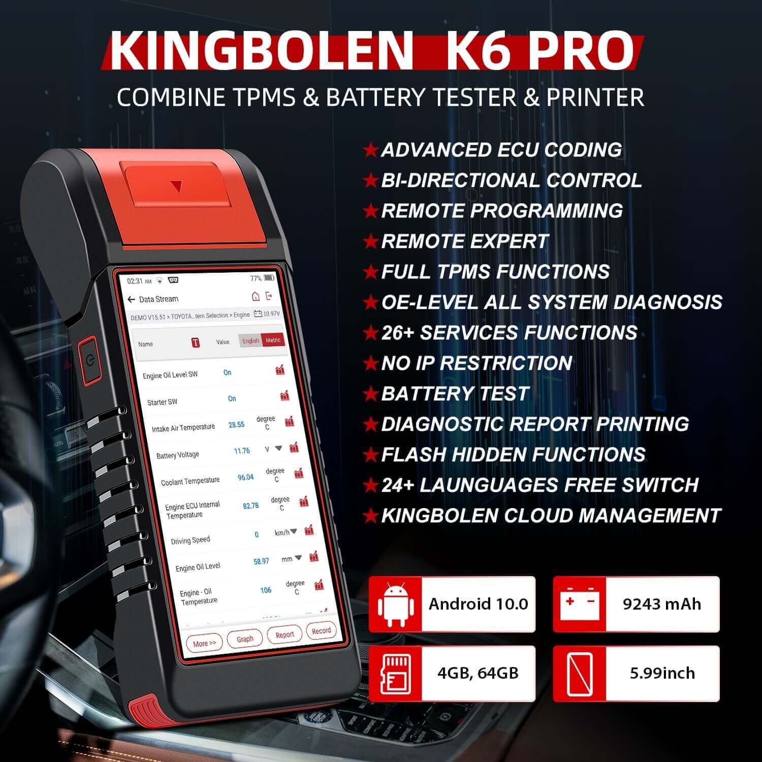 KINGBOLEN K6 PRO Automotive Battery Tester & TPMS Diagnostic Scanner with Printer | Free 2-Year Updates | K7 Upgrade Version | For Car Maintenance & Tire Pressure Monitoring