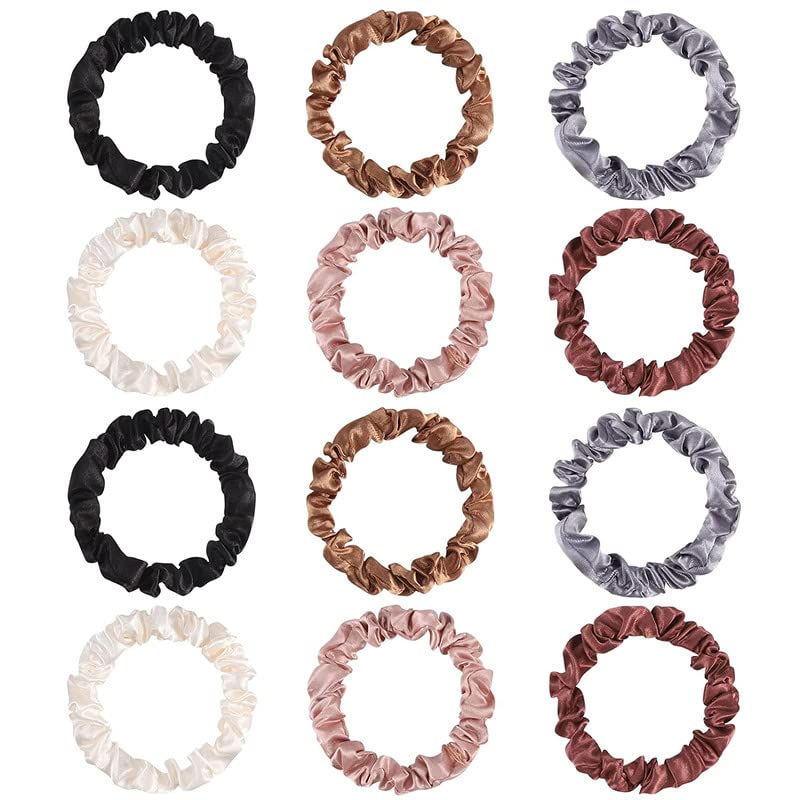 SHIDARA 12Pcs Satin Scrunchies - Coffee Color Hair Ties | Soft Elastic Ponytail Holders for Women & Girls | Perfect for Work, Gym & Everyday Styling