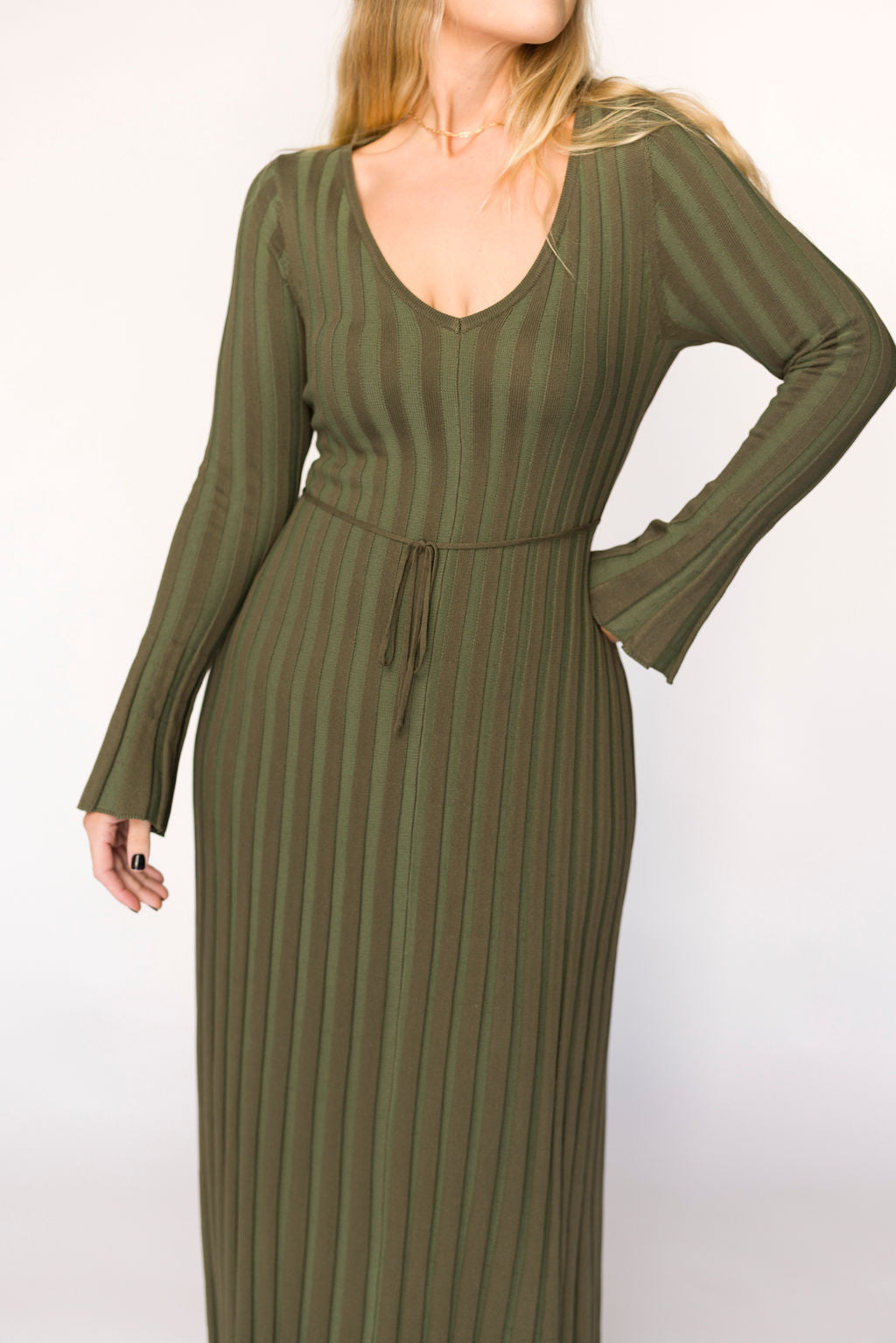 Hadley Long Sleeve V Neck Knit Maxi Dress in Olive - Bump Friendly Maternity Dress for Pregnancy, Nursing & Postpartum | Comfortable Stretchy Fabric for Casual Wear, Date Night & Special Occasions