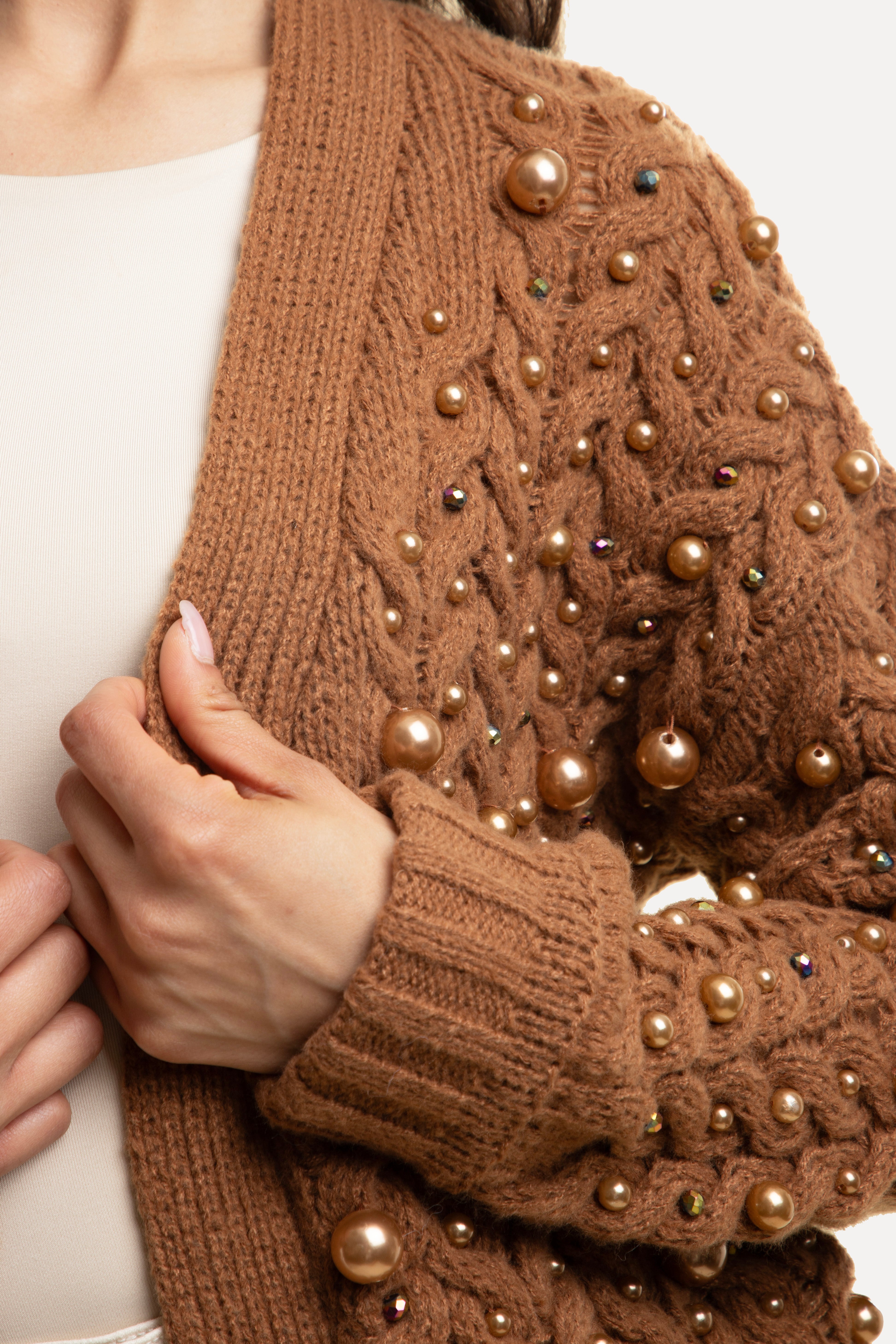 Elegant Holiday Cardigan with Pearl Knit Details - Perfect for Christmas Parties & Cozy Winter Evenings