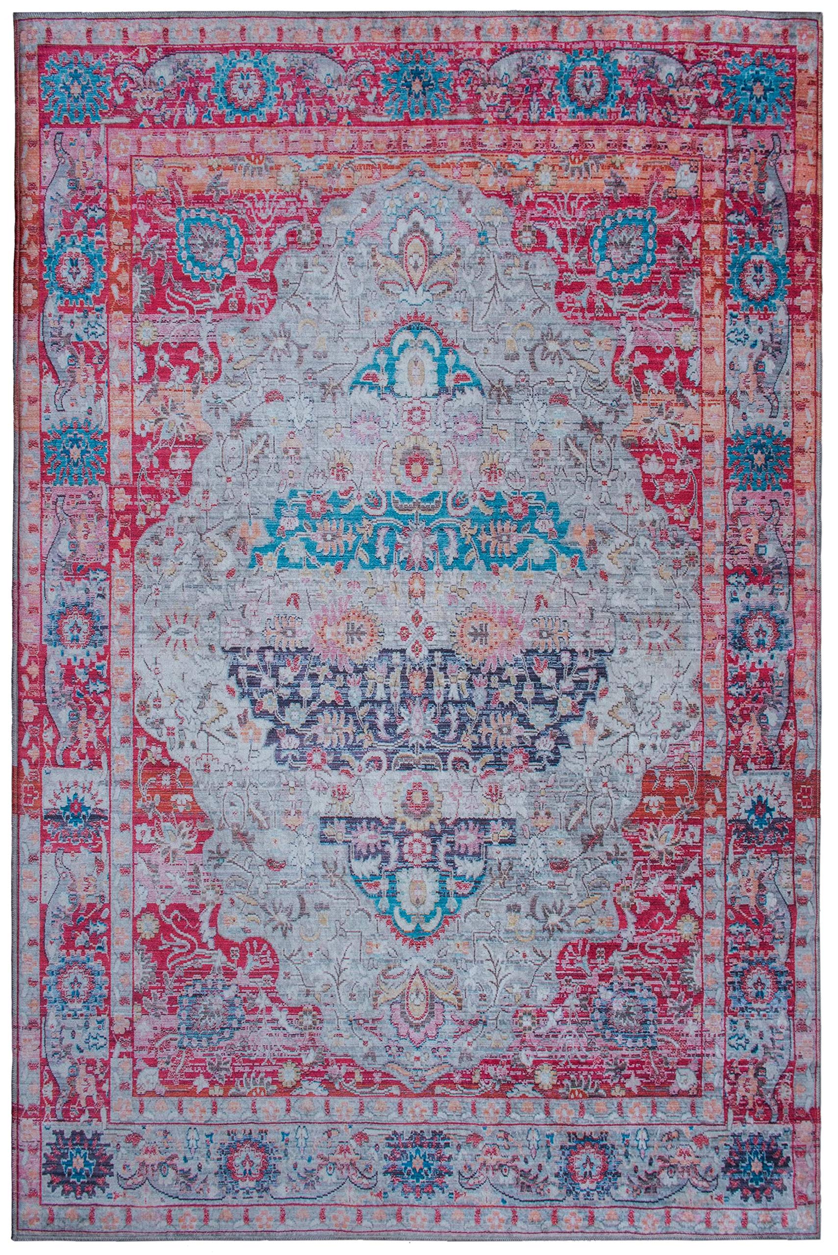 Vintage Distressed Non-Slip Washable Area Rug 5'x7' - Traditional Beige & Pink Printed Carpet for Living Room, Bedroom, or Office Decor