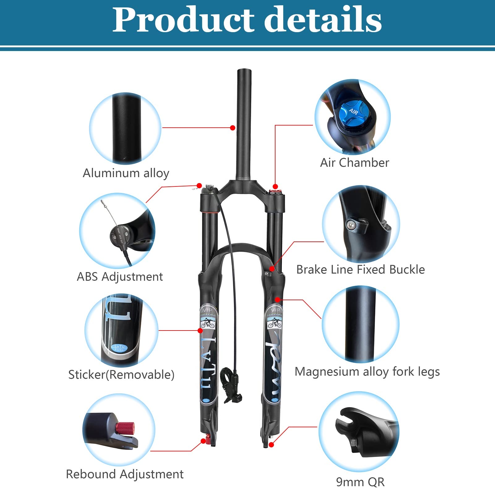 **Air Suspension Fork 26/27.5/29 Inch 120mm Travel, Rebound Adjustable, 1-1/8
