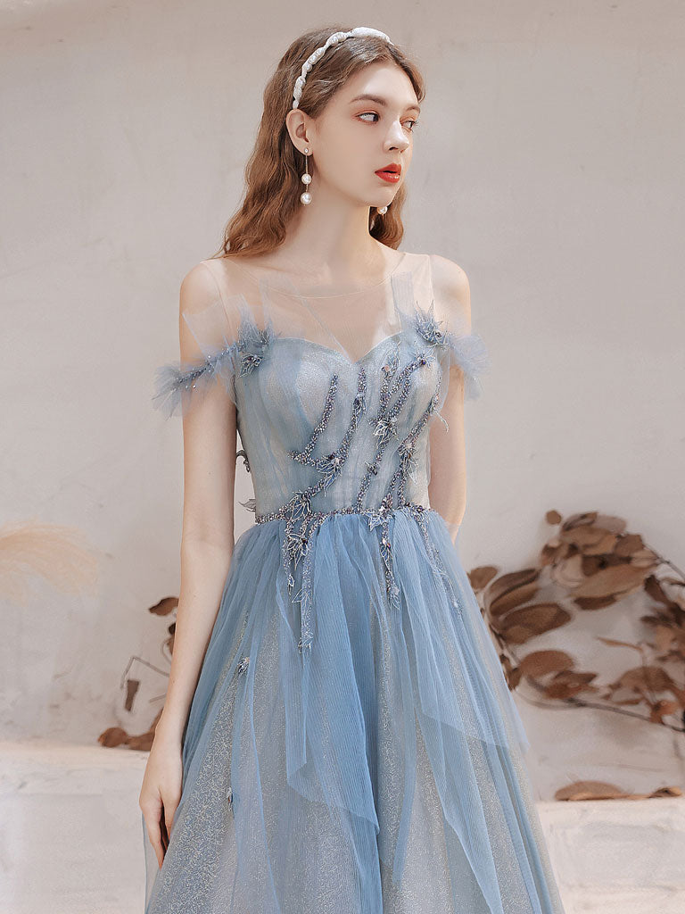 Elegant Blue Tulle Off Shoulder Beaded Long Prom Dress for Women - Formal Evening Gown for Homecoming, Wedding, and Special Occasions
