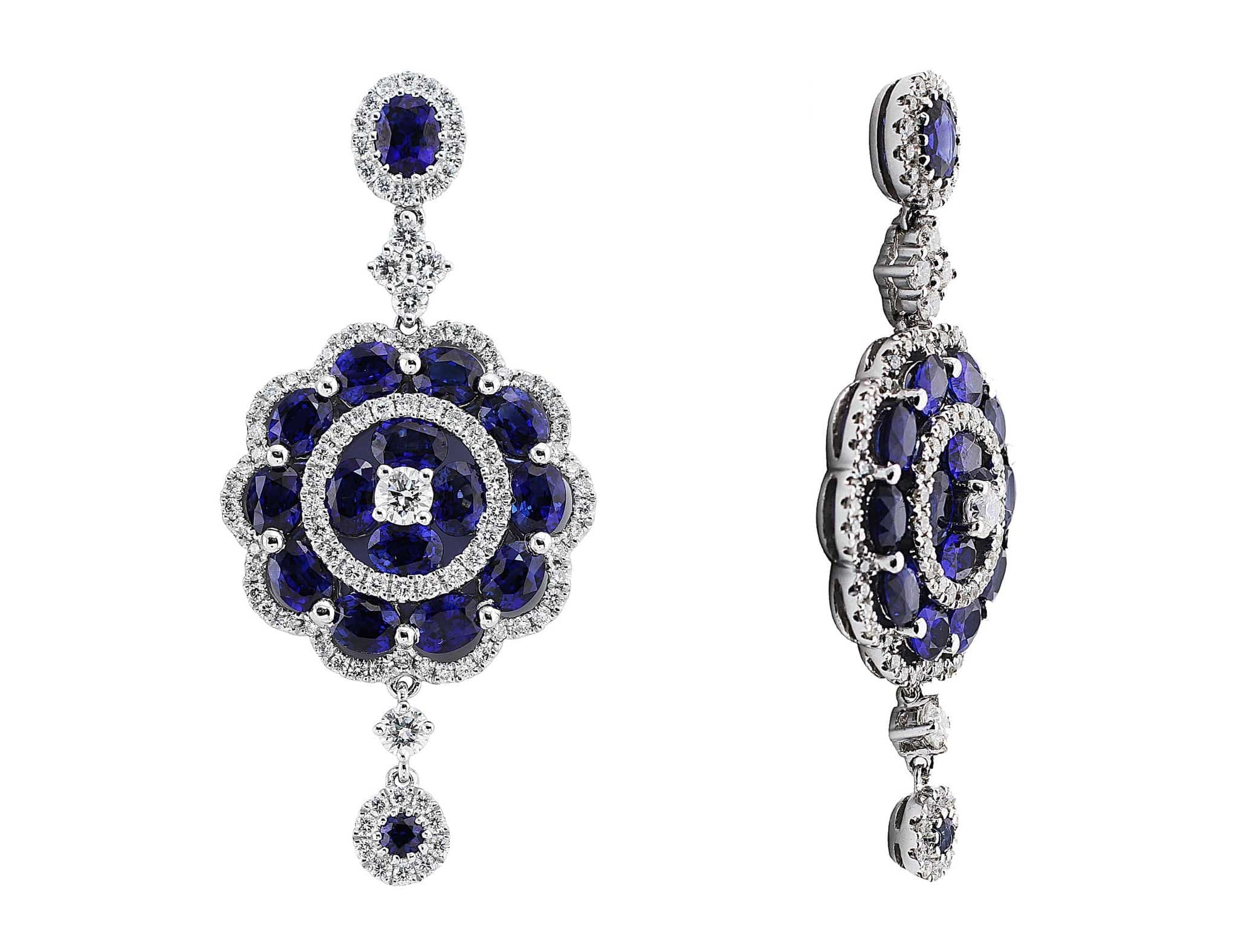 18K White Gold Sapphire and Diamond Floral Drop Earrings for Women - Elegant Dangle Earrings for Wedding, Party & Special Occasions