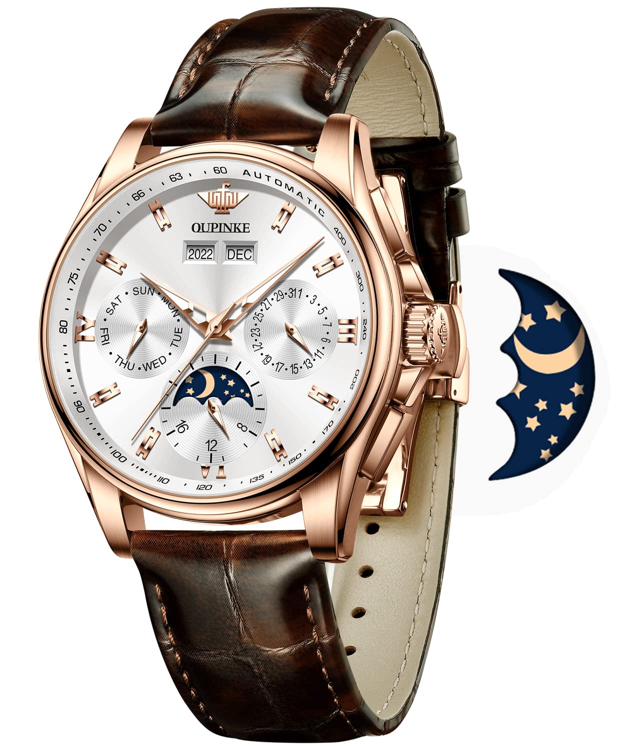 Premium Automatic Men's Watch with Genuine Leather Strap - Self Winding Mechanical Movement, Moon Phase Display, Luminous Hands, 5ATM Waterproof & Sapphire Crystal - Perfect for Business, Formal Events & Everyday Wear