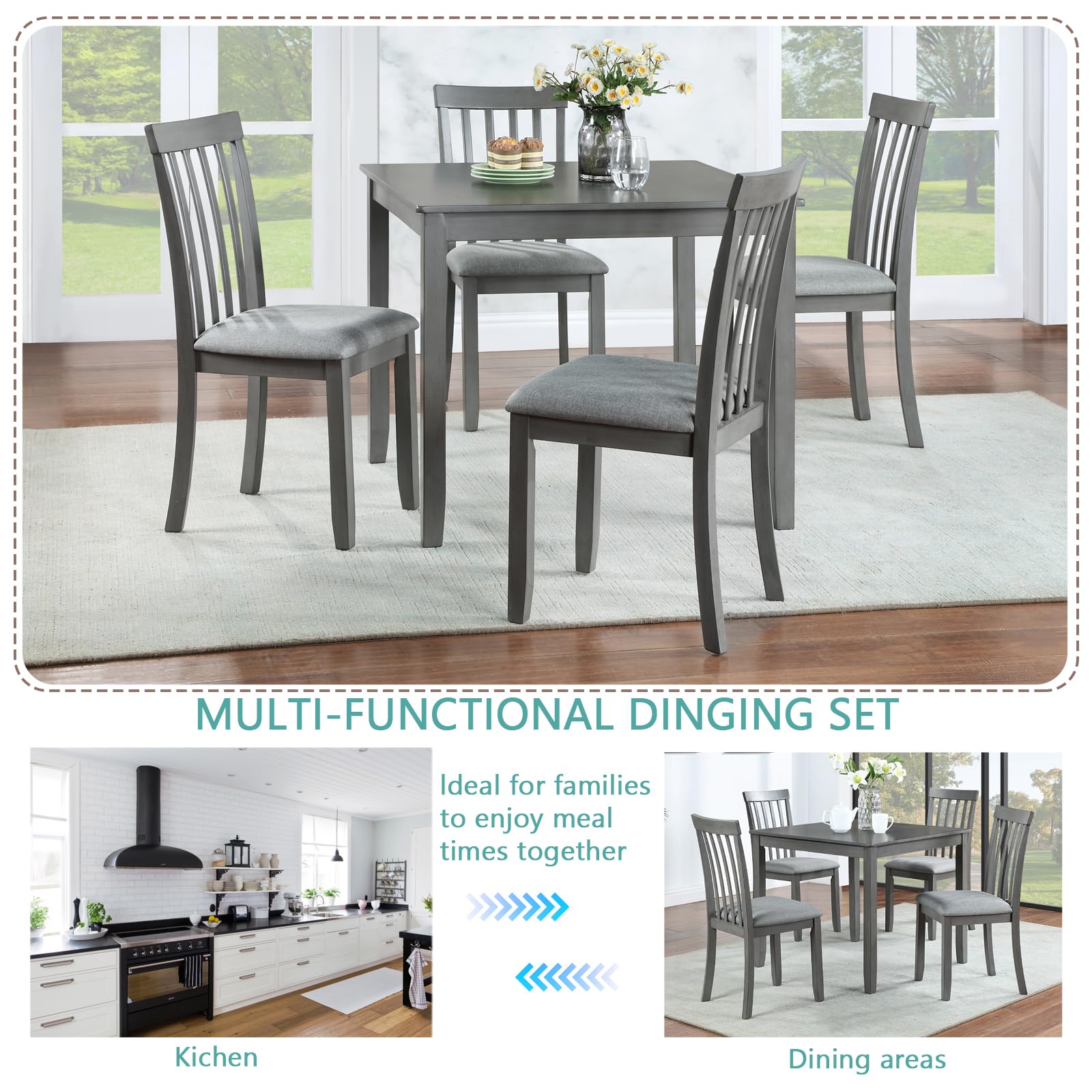 5 Piece Farmhouse Dining Table Set with 4 Upholstered Chairs - Solid Wood Kitchen Table & Chairs for Dining Room - Grey - Perfect for Family Meals, Dinner Parties & Cozy Breakfasts
