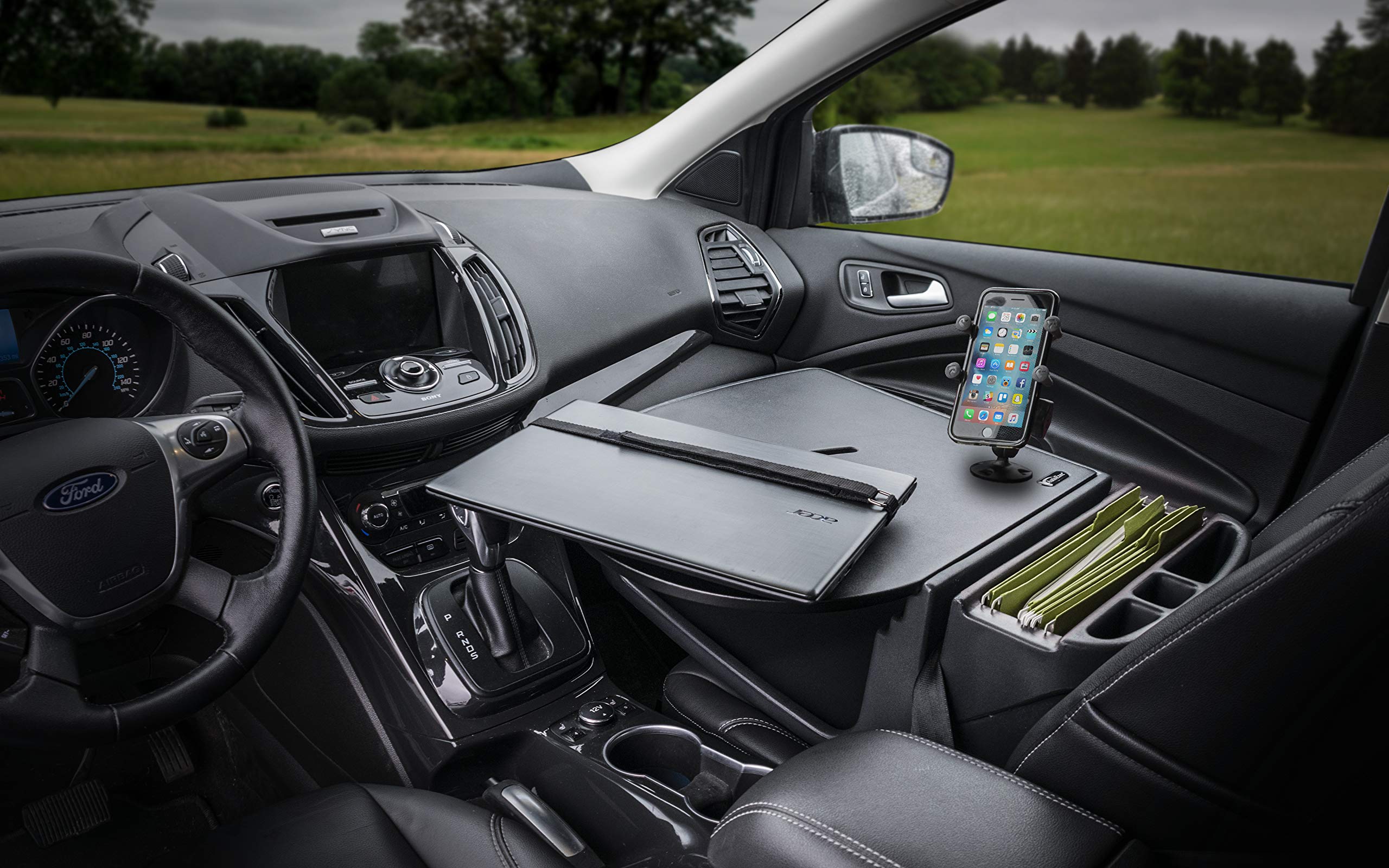 AutoExec AUE34000 RoadMaster Car Desk - Black Finish with Adjustable Phone Mount for Laptops & Work on the Go | Perfect for Remote Work, Business Travel & Road Trips