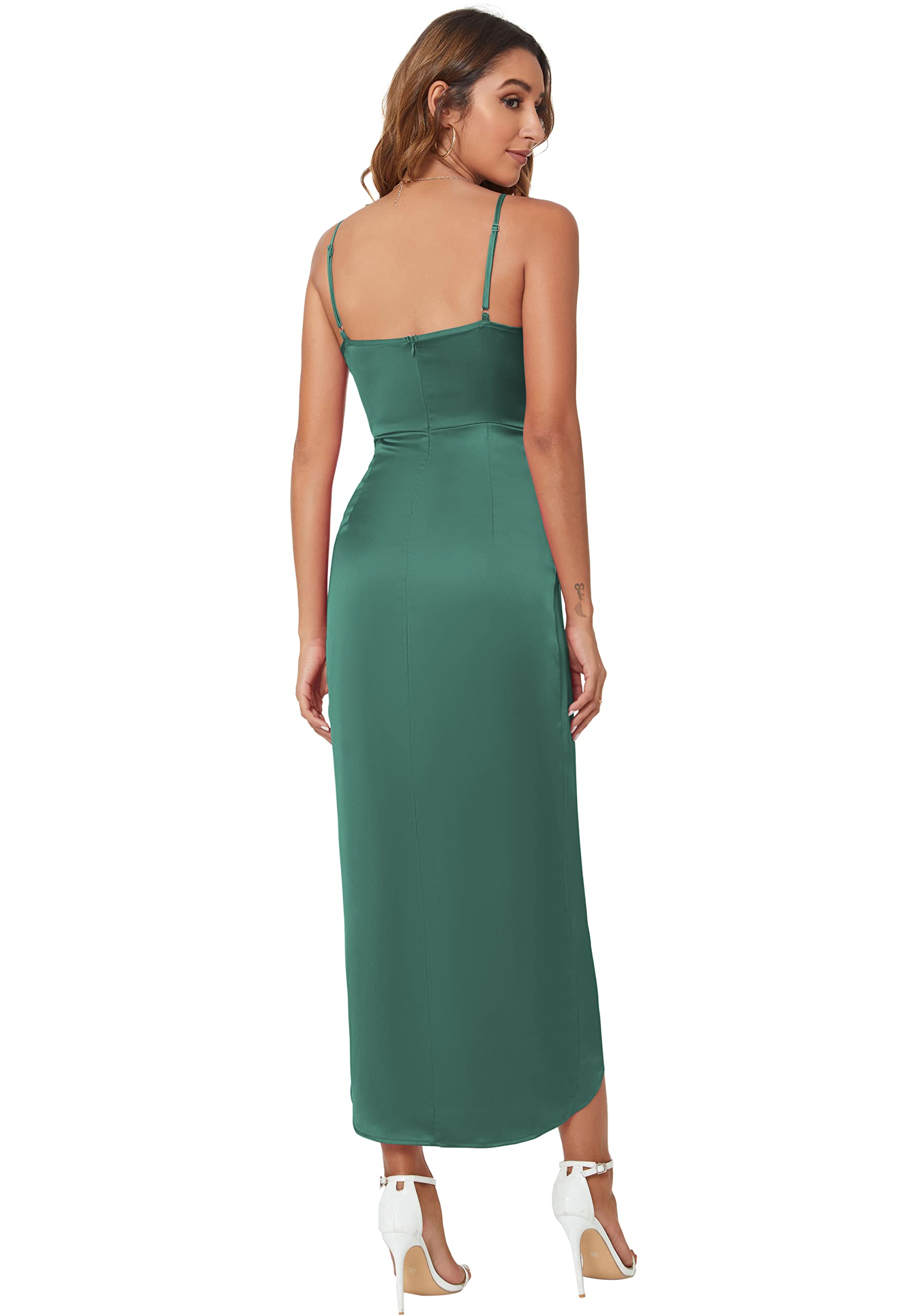 CMZ2005 Sexy Backless Deep V-Neck Slit Bridesmaid Dress - Elegant Satin Maxi Dress for Wedding Guest, Party & Special Occasions