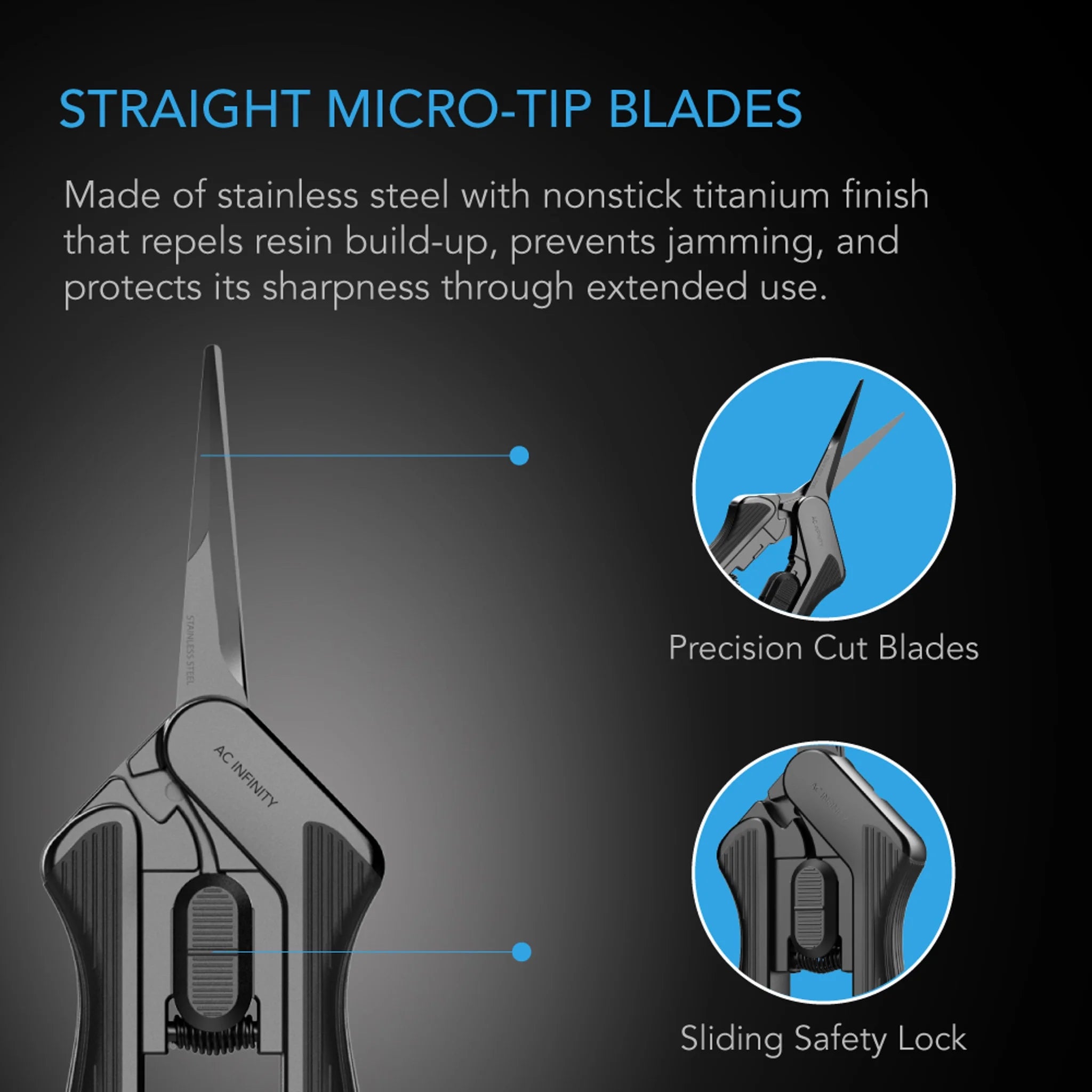 AC Infinity Stainless Steel Straight Pruning Scissors with Cleaning Kit - Professional Garden Shears for Plants, Flowers, Bonsai & Herb Trimming - AC PSB3 Model - Perfect for Gardening, Landscaping & Indoor Plant Care