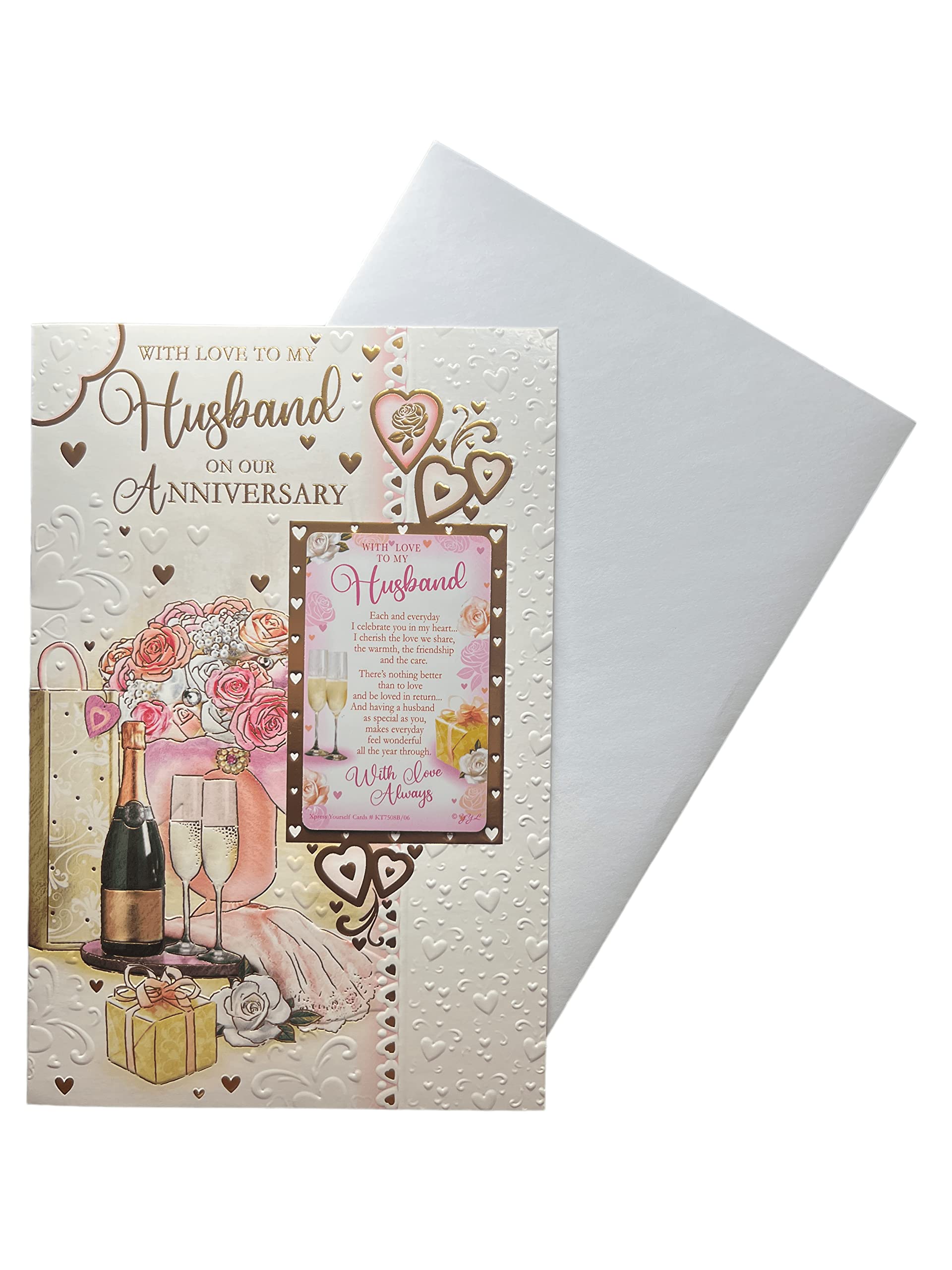 Romantic Anniversary Card for Husband with Keepsake & Envelope - Elegant Champagne Glasses Design - Perfect for Wedding Anniversaries, Valentine's Day & Special Occasions