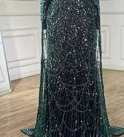 Luxury Dubai Muslim Sage Green Pearls Evening Dress with Cape - Plus Size LA72591 for Wedding, Party & Special Occasions