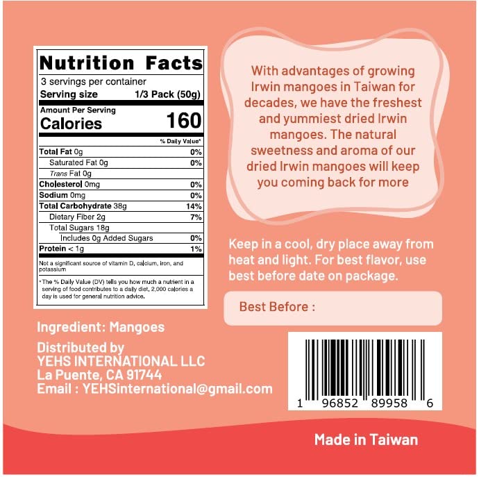 Premium Dried Irwin Mango 5.29 oz (150g) - No Sugar Added, Soft & Chewy, Vacuum Sealed Snack - Made in Taiwan - Perfect for Healthy Snacking, Hiking, Office & School Lunches