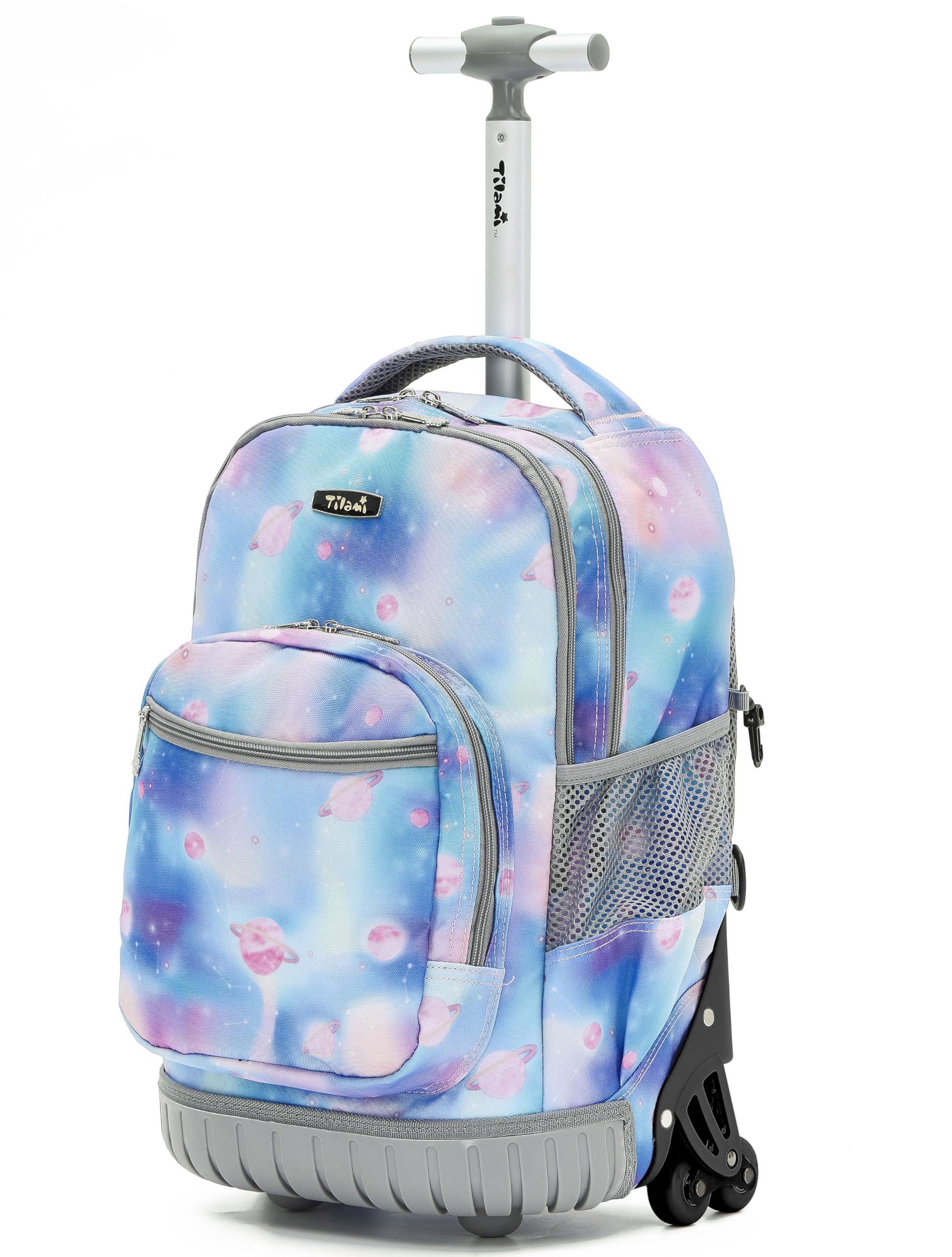 TILAMI 18 Inch Rolling Backpack for Girls & Boys - Adjustable Laptop Backpack with Wheels for School, Travel, Camping - Purple Star Print (Perfect for Students, Commuters & Outdoor Adventures)