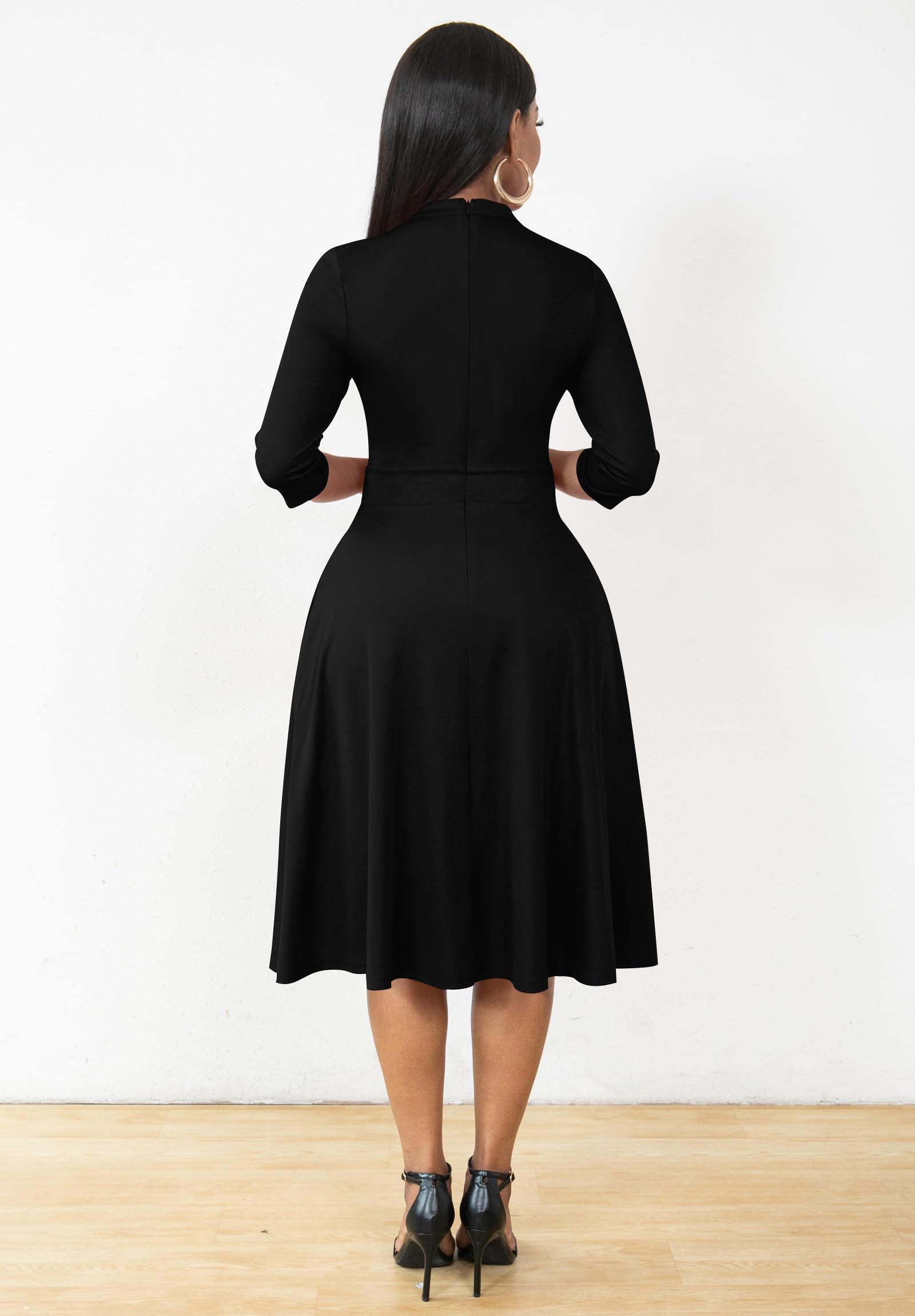 Nmoder Women's Semi Formal Fit and Flare Dress - 3/4 Sleeve A-Line Church & Work Dress with Pockets (Black, XL) | Perfect for Office, Wedding Guest & Sunday Church Outfits