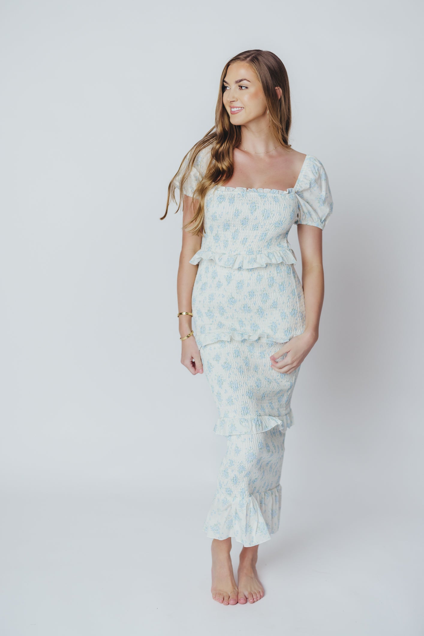 Ada Smocked Dress in Blue Floral - Bump Friendly Maternity Dress with Inclusive Sizing (S-3XL) | Perfect for Baby Showers, Bridal Events & Summer Weddings