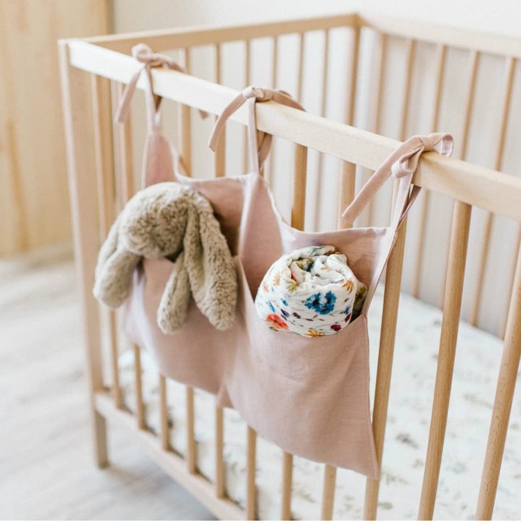 Baby Crib Organizer with 2 Pockets - Linen Hanging Storage Bag for Nursery, Hospital Bed & Diaper Organization - Light Pink | Perfect for Baby Room, Cot & Multi-Purpose Use