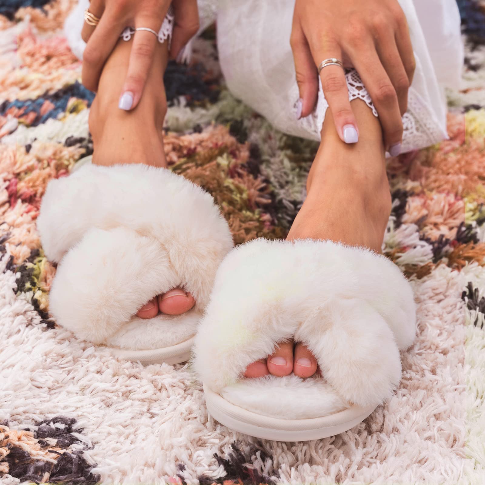 Ankis Women's Fuzzy Fluffy Slippers - 2 Pairs Cozy Soft Comfy House Shoes with Cross Band & Open Toe | Non-Slip Indoor/Outdoor Slippers for Relaxing at Home, Lounging or Quick Errands