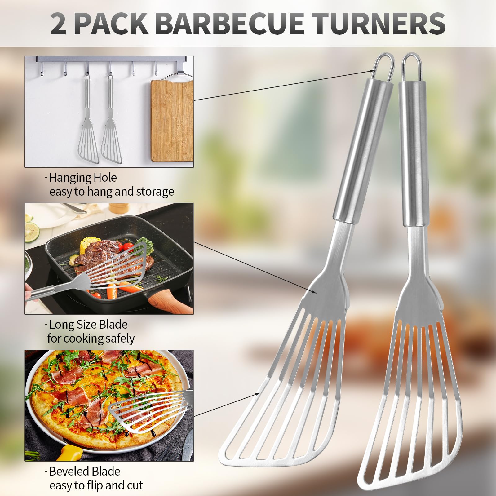 2-Pack Stainless Steel Fish Spatula Set - Premium Flexible BBQ Turner with Slotted Design for Flipping Fish, Eggs, Pancakes & Steaks - Perfect for Grilling, Cooking & Outdoor Barbecue Parties