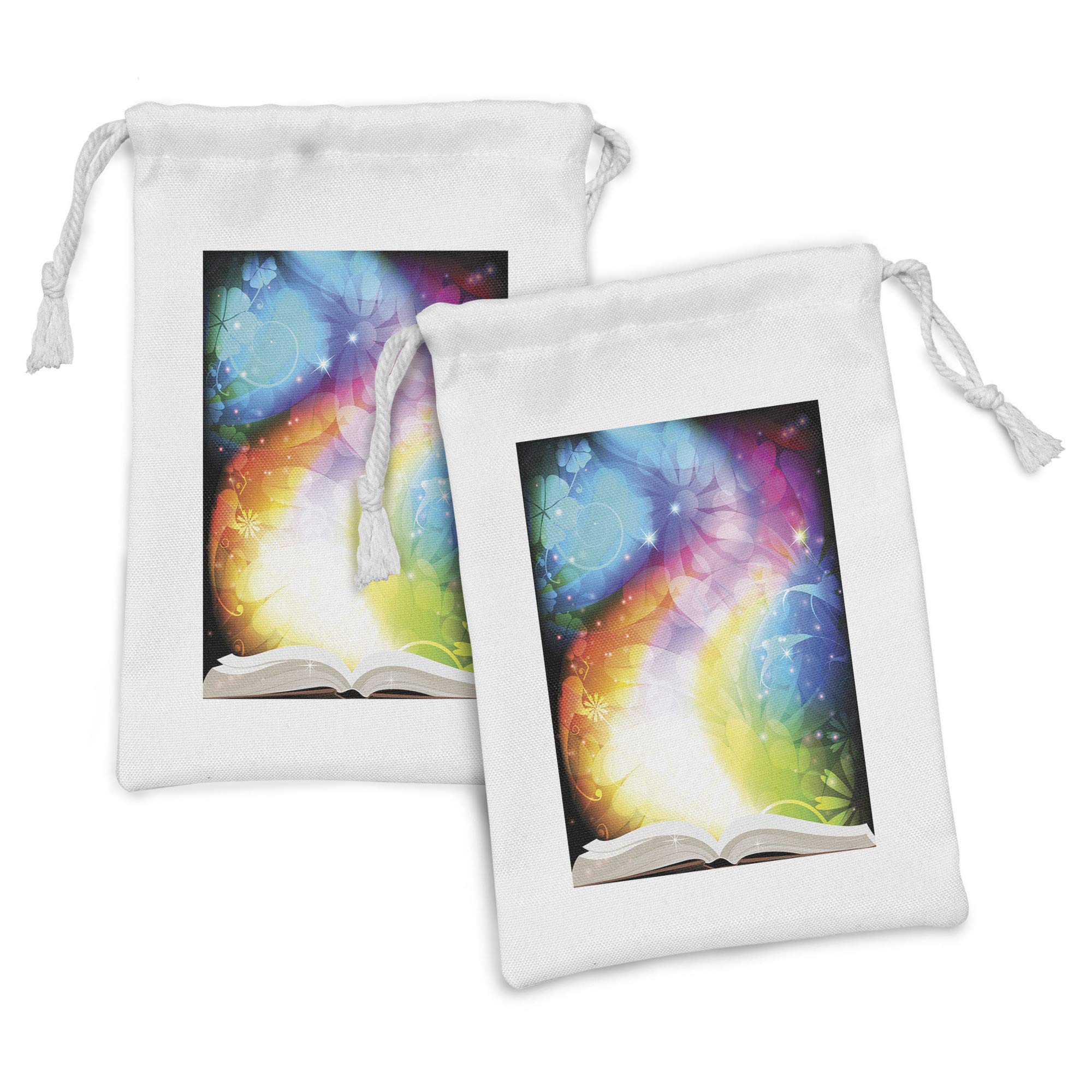 Ambesonne Magic Fabric Pouch Set of 2 - Psychedelic Open Book Design on Rainbow Floral Background - Small Drawstring Bag for Toiletries, Masks, Jewelry & Party Favors (9