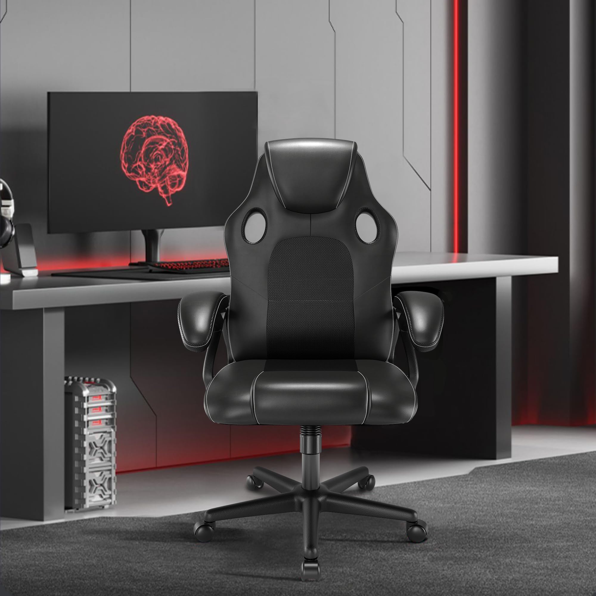 Ergonomic Gaming Chair - Black Leather Racing Style PC & Office Chair with Swivel Base for Computer Work & Desk - Perfect for Home Gaming, Work from Home & Office Use