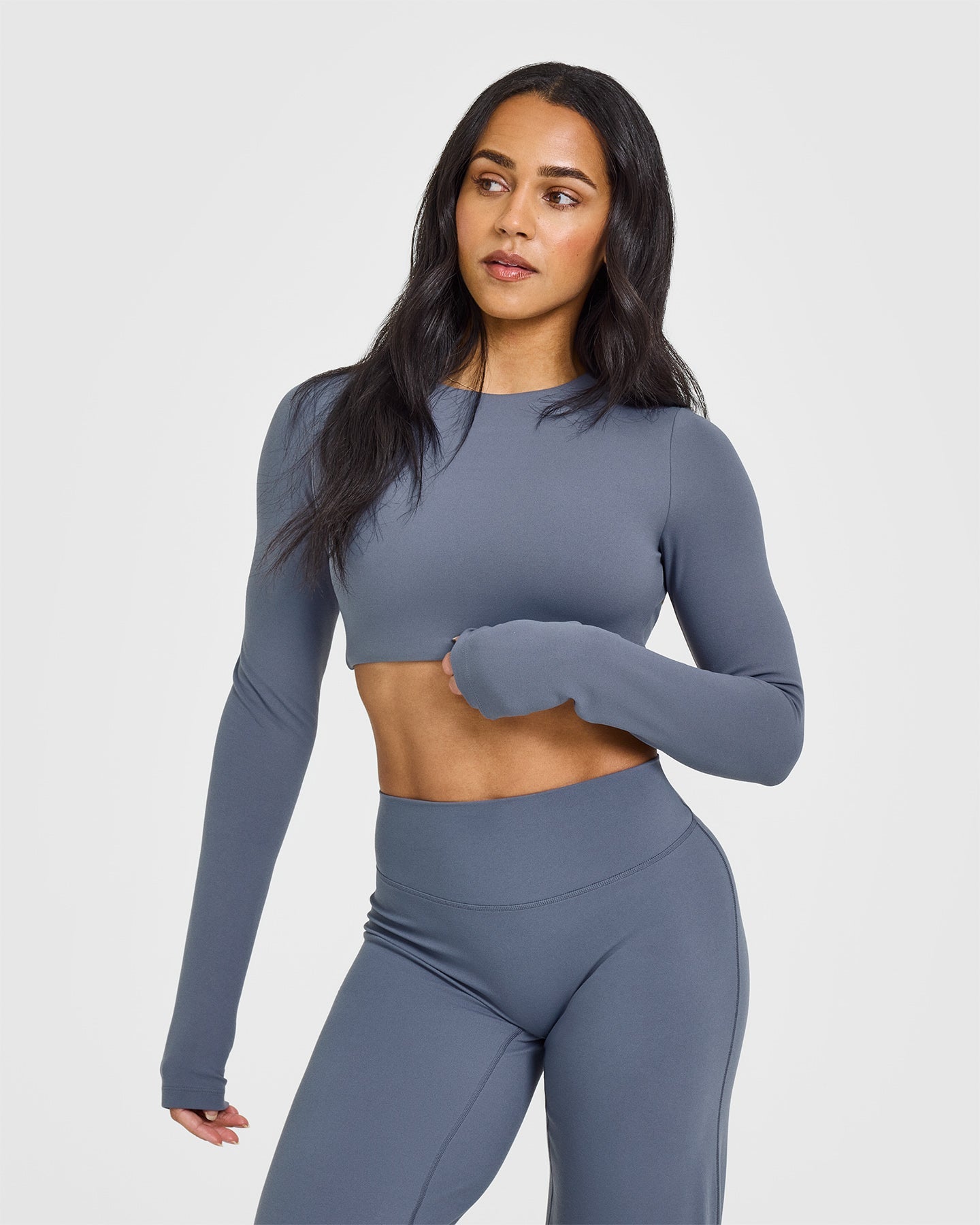 SoftMotion™ Long Sleeve Crop Top for Women - Stretchy Comfort Fit Yoga Shirt in Granite Blue | Perfect for Workouts, Yoga & Casual Wear