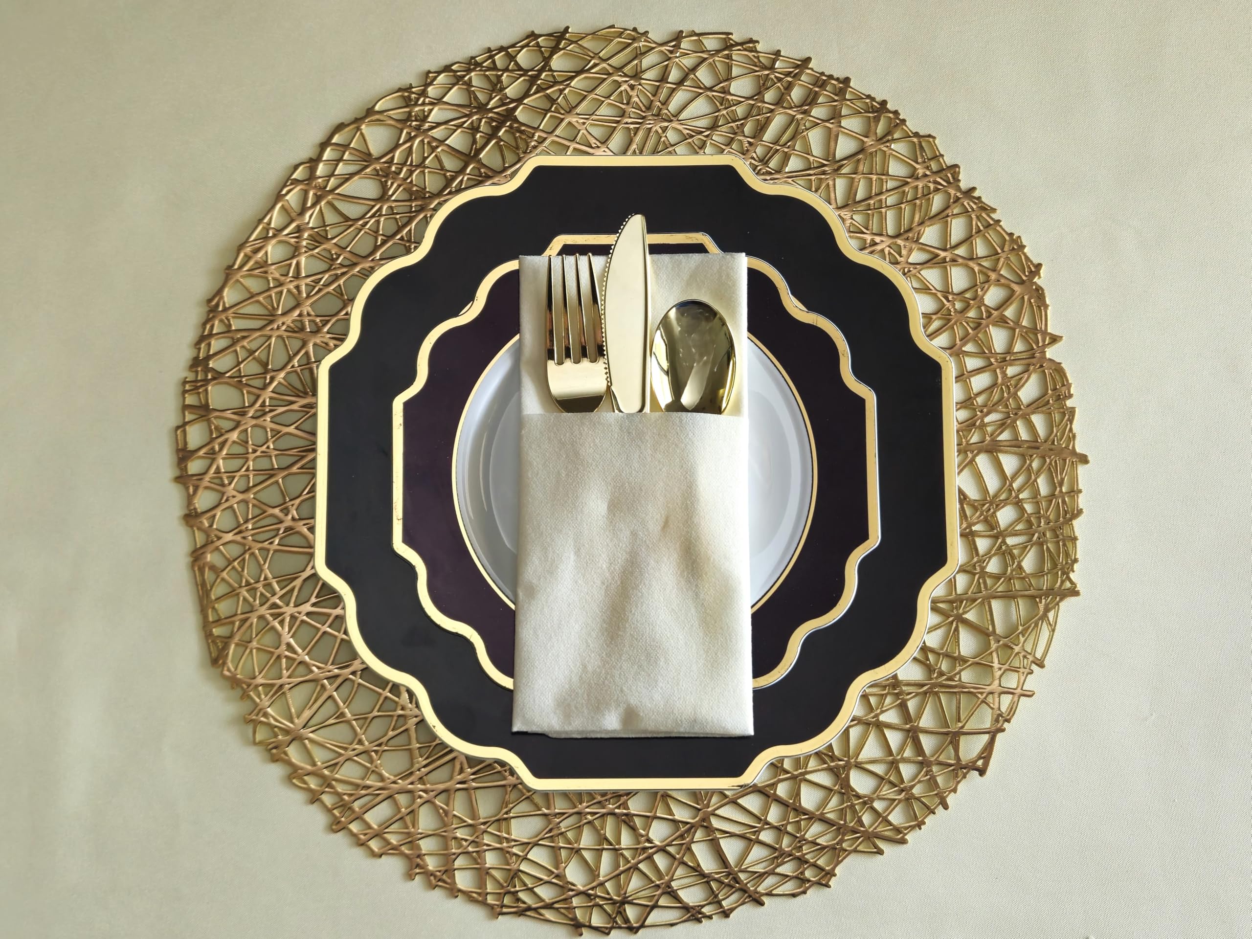 120-Pack Heavyweight Disposable Plastic Plates - 8'' Appetizer & Dessert Plates for Weddings, Parties & Events (White/Black & Gold) - Perfect for Birthday Celebrations, Baby Showers & Holiday Gatherings