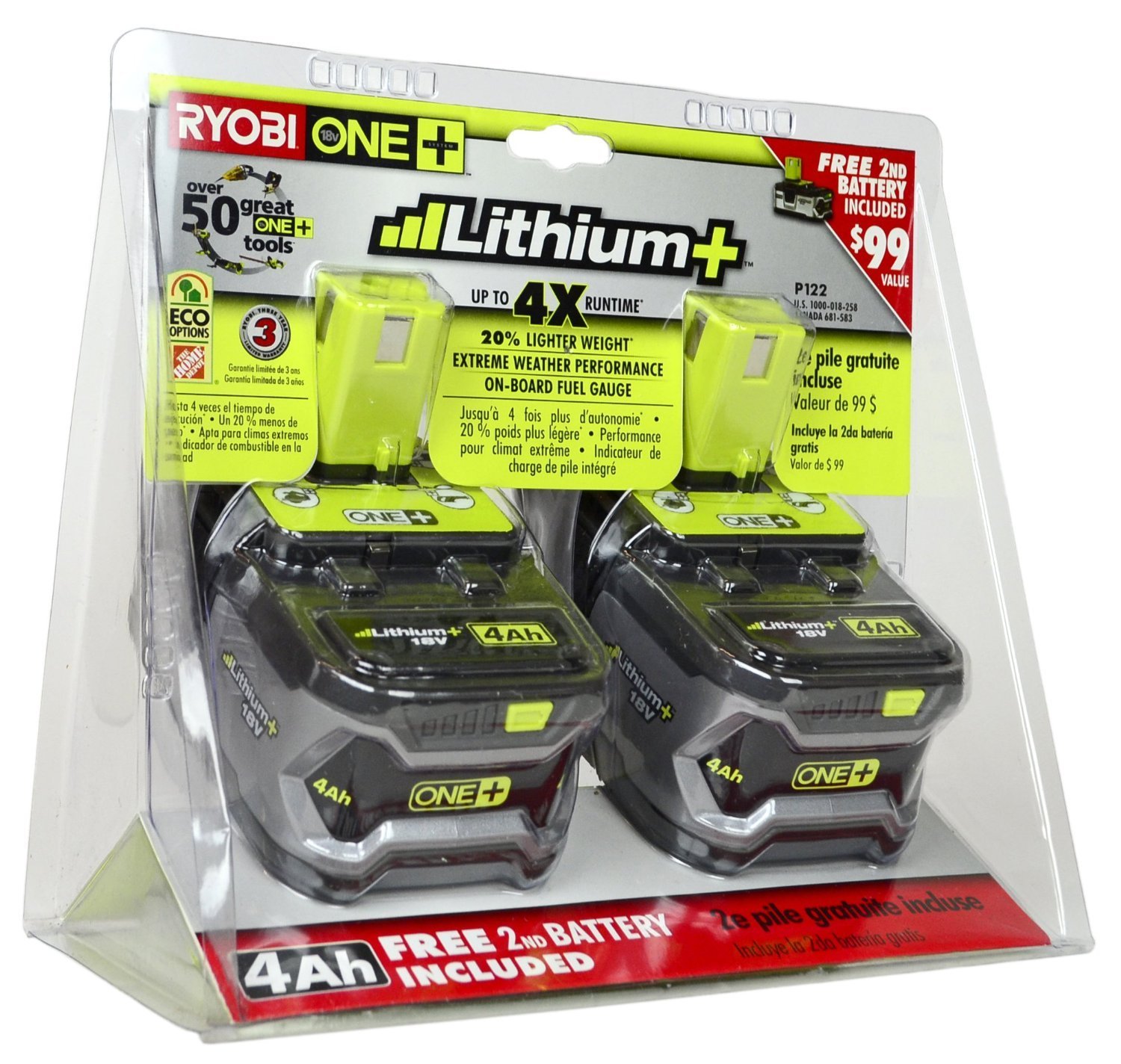 Ryobi P122 4AH One+ High Capacity Lithium Ion Battery 2-Pack for Power Tools - Compatible with Ryobi P108, Ideal for Drills, Saws & Outdoor Power Equipment