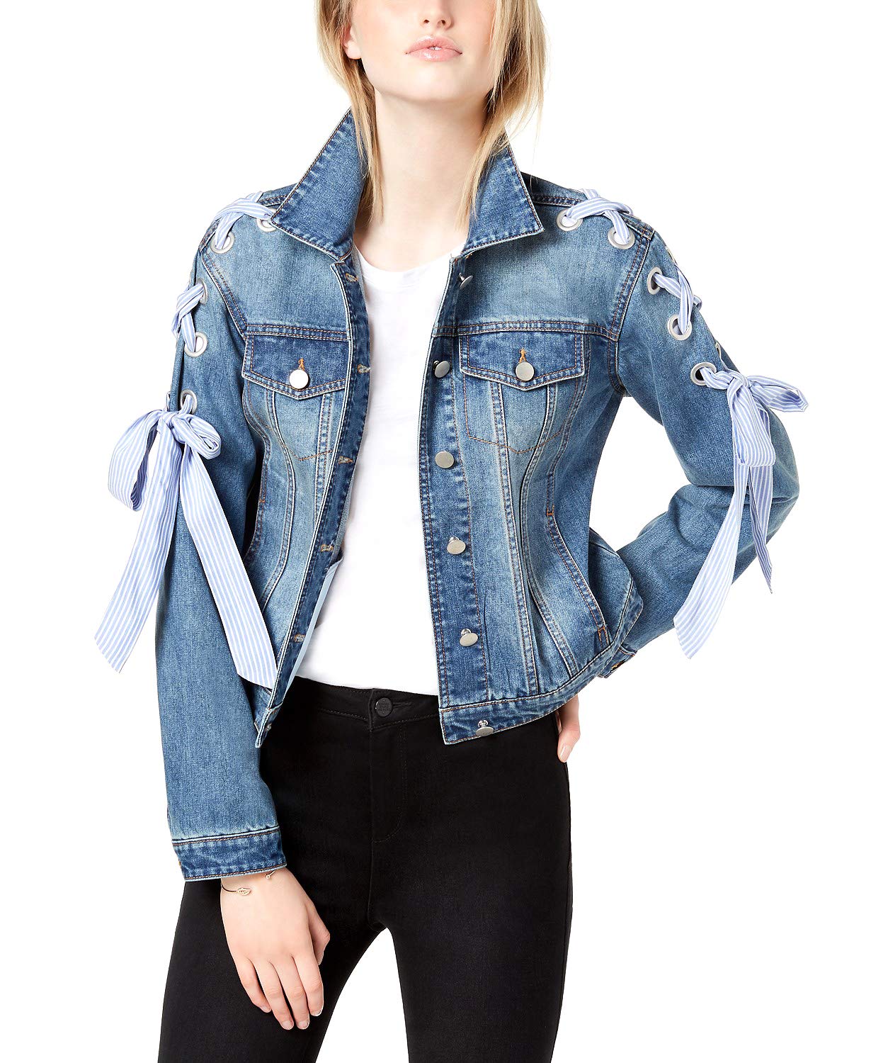 Maison Jules Women's Lace Up Denim Jacket - Medium Wash Distressed Denim Jacket for Women Size 2XS | Casual Spring Fall Outerwear for Street Style & Date Nights