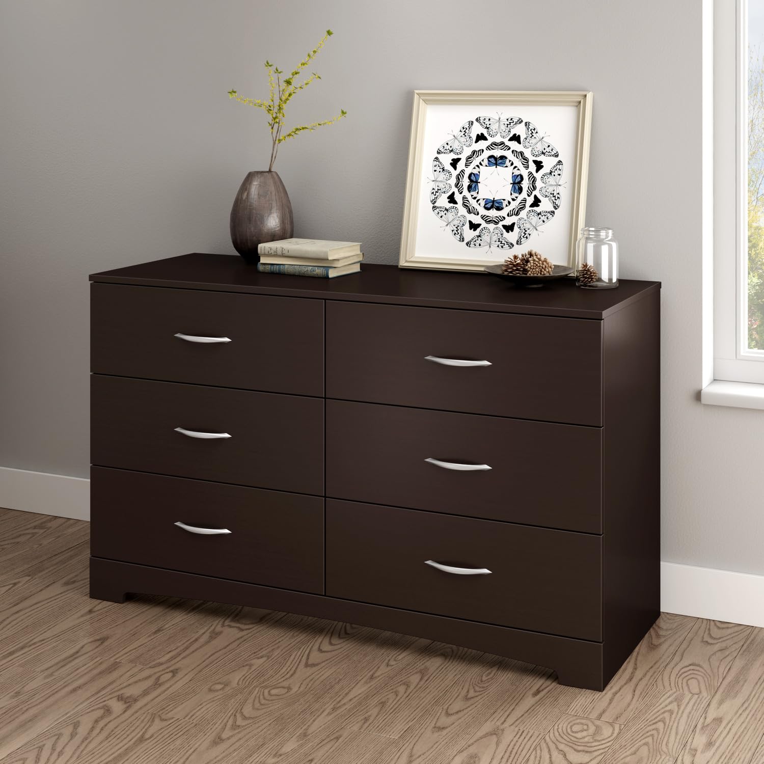 South Shore Step One 6-Drawer Dresser Chest - Contemporary Gray Chocolate Finish - Bedroom Clothing Storage Organizer for Home & Office Use