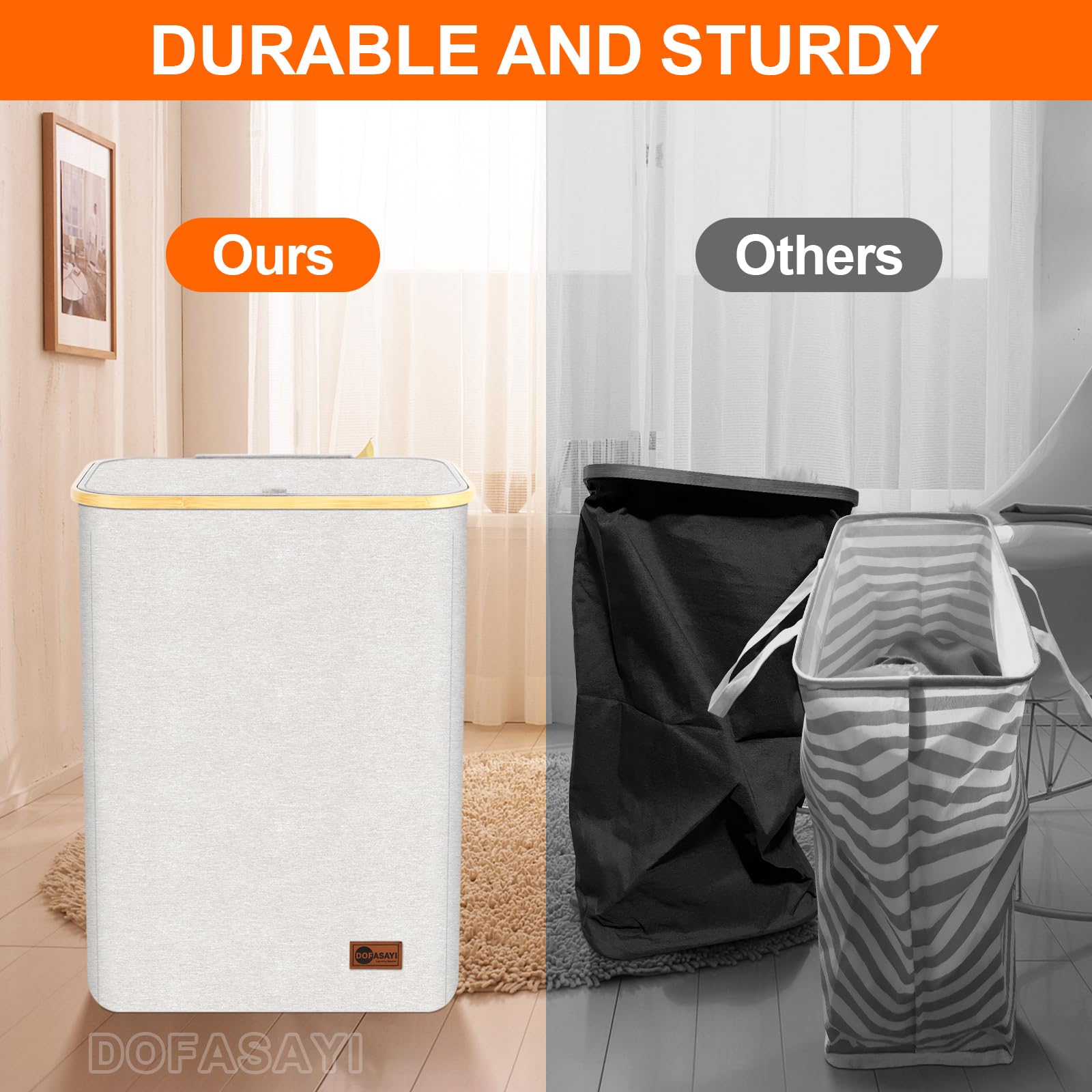 155L Large Laundry Hamper with Lid & Removable Bags - 2 Section Collapsible Laundry Basket with Bamboo Handles, Sturdy Storage Organizer for Clothes, Towels & Linens - Perfect for Bedroom, Bathroom, Dorm & Laundry Room Organization (Beige)