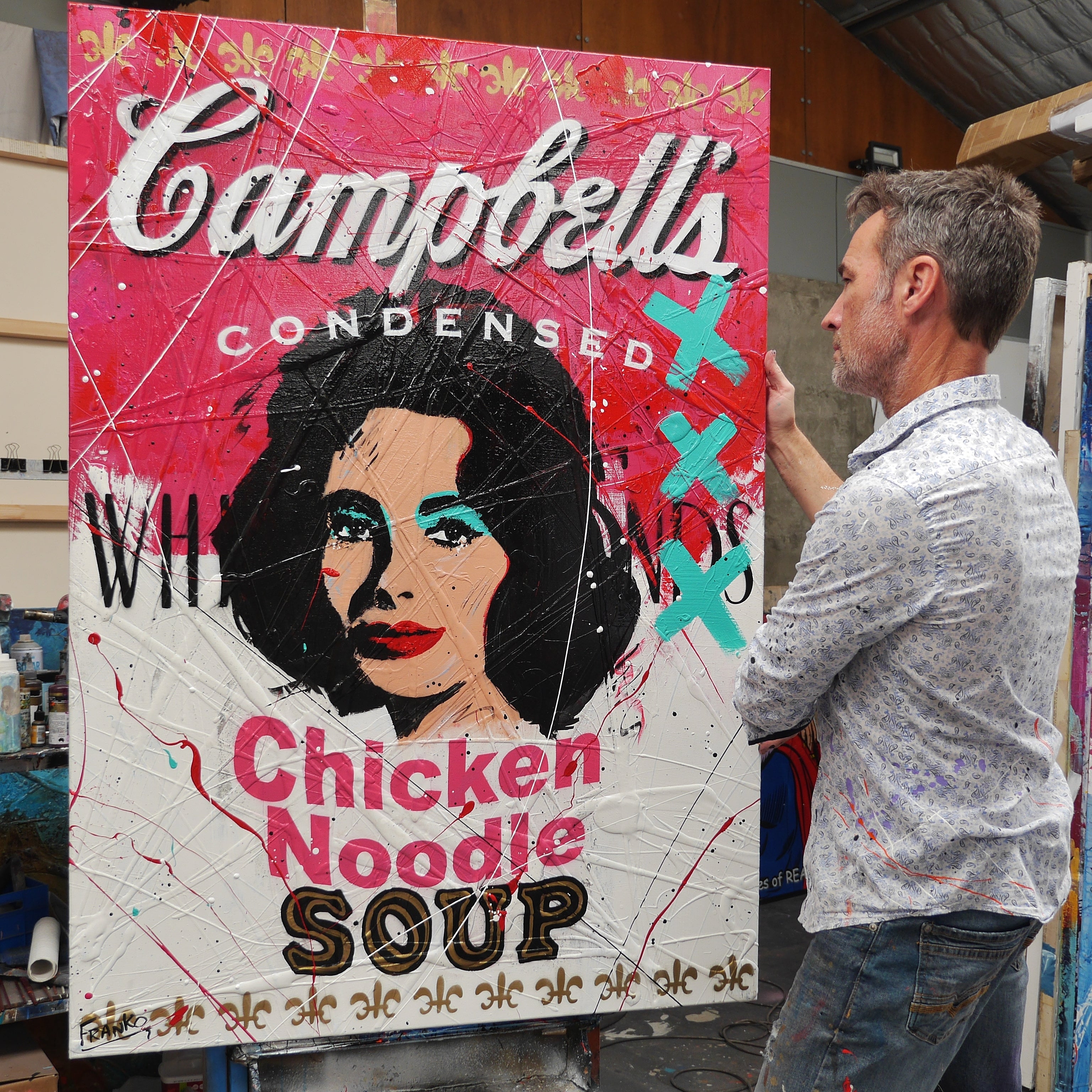 140cm x 100cm Campbell's Soup Textured Urban Pop Art Painting by Noodle Liz - Modern Wall Decor for Living Room, Bedroom & Office