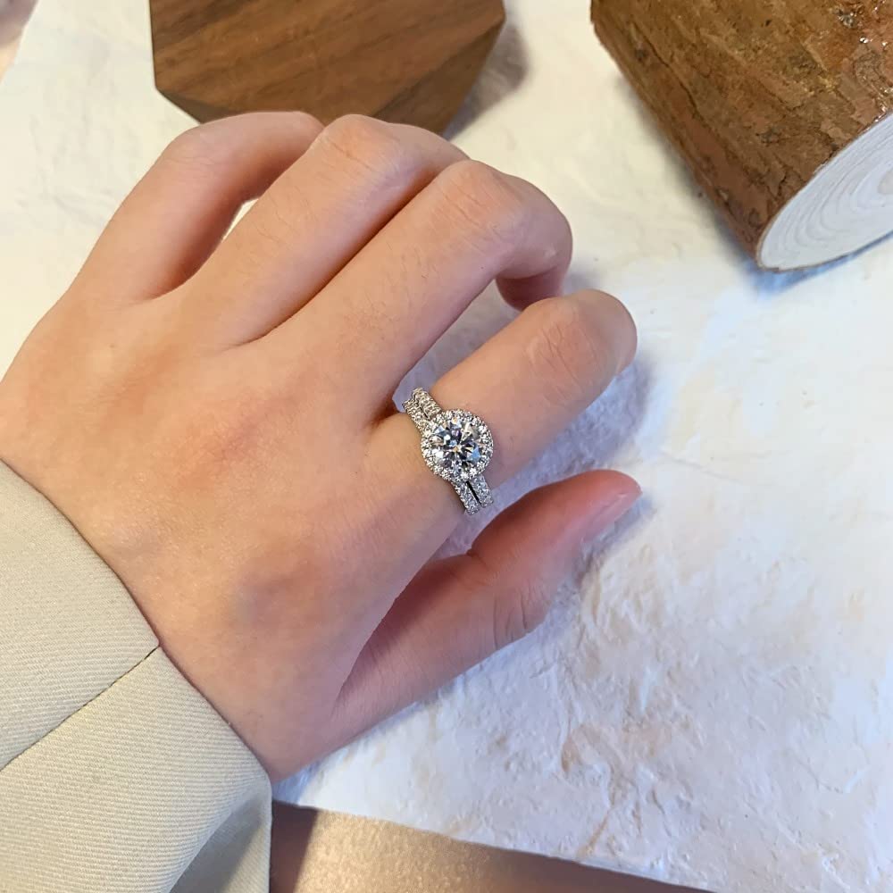 1 Carat Moissanite Engagement & Wedding Ring Set for Women - Platinum Plated Silver Bridal Set, Anniversary Promise Rings - Perfect for Proposals, Weddings & Romantic Gifts