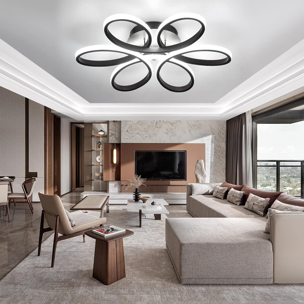 XEMQENER 74W LED Ceiling Light Fixture - Modern Flush Mount Chandelier with Elegant Flower Design, Acrylic Material, 6000K Cool White Light, Black - Perfect for Living Room, Bedroom, Dining Room Lighting | Energy-Efficient Home & Office Decoration