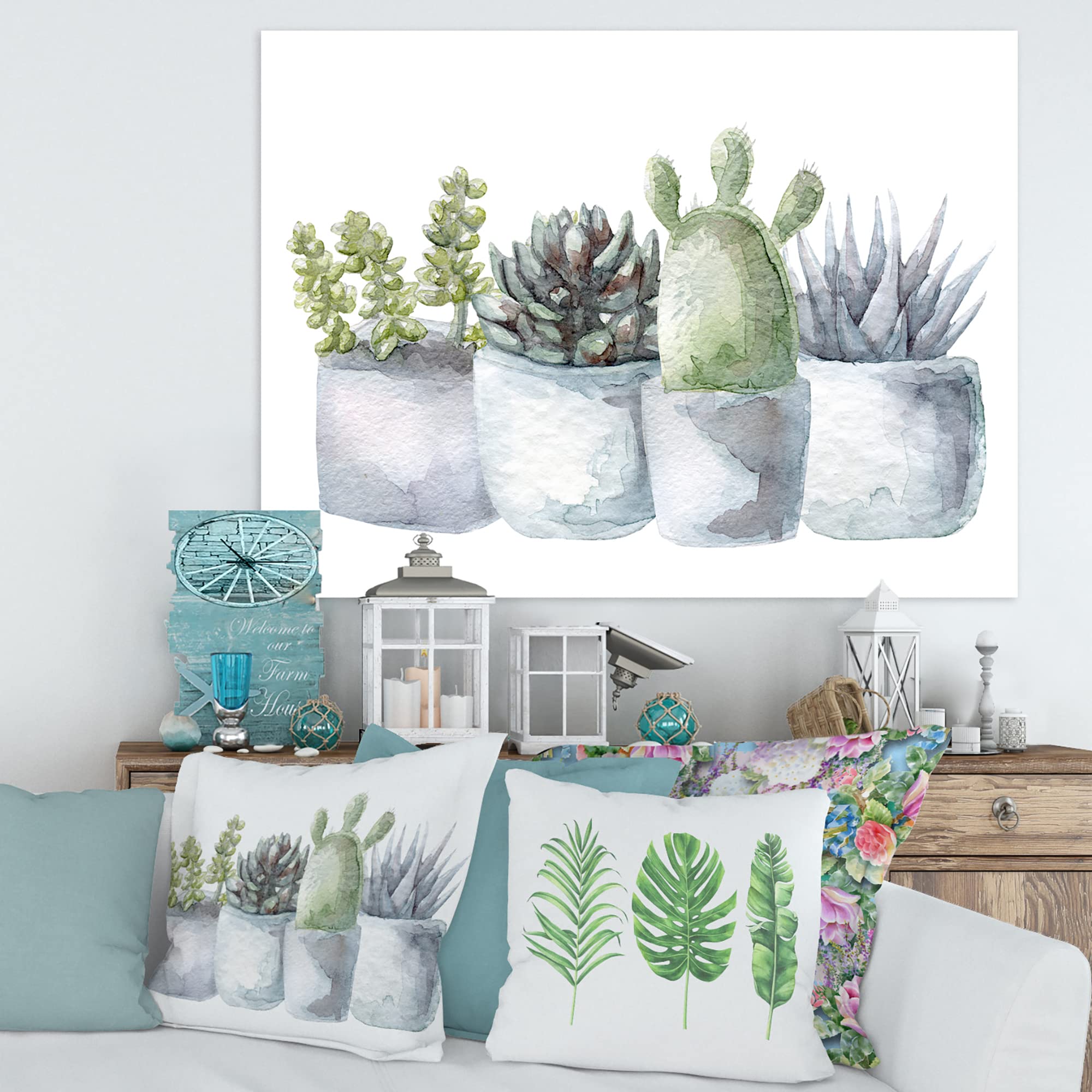 DesignQ Cactus and Succulent House Plants - Farmhouse Style Canvas Wall Art for Living Room, Bedroom & Office Decor